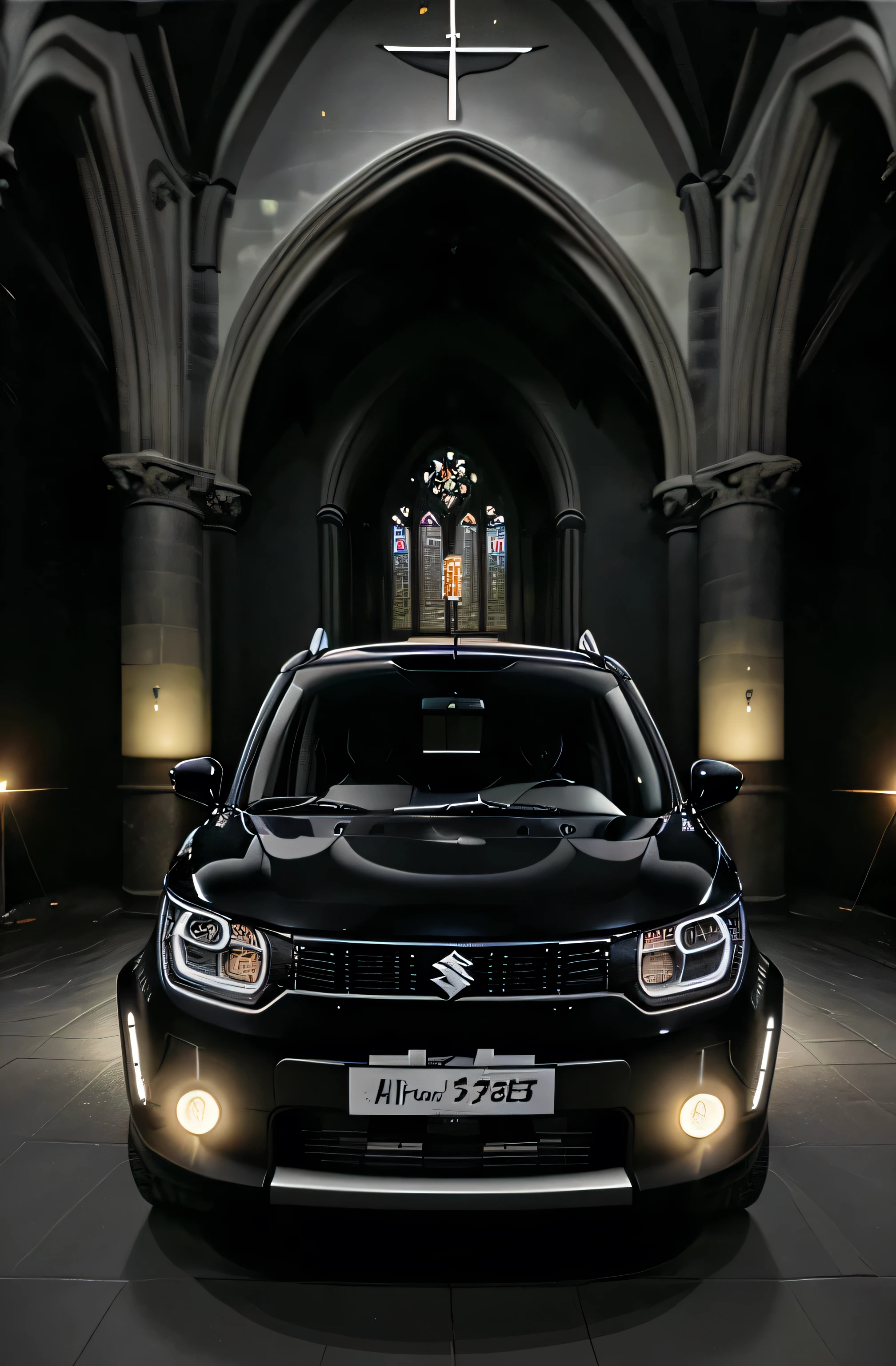Suzuki ignis car parked inside of an old big gothic styled church which have a black background and the car must have a glossy black colour and the candle lights inside the church must reflect in the car body and the colour of the cr must be black