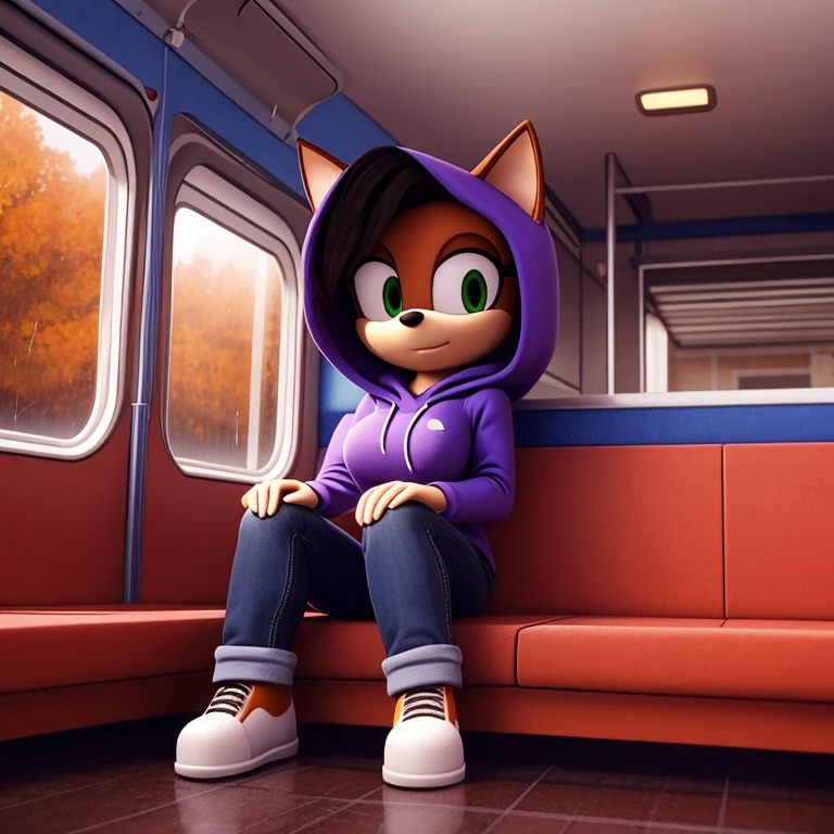 masterpiece, studio quality, highly detailed, extreme detailed, high quality, max detailed, very detailed, detailed background, detailed shadows, mobian, medium breast, 1girl, cat, brown skin, attractive, gorgeous body, green eyes, medium black hair, pixarstyle, purple hoodie with hood, jeans, autumn, city, raining, serious, 3d, train, inside, train interior,