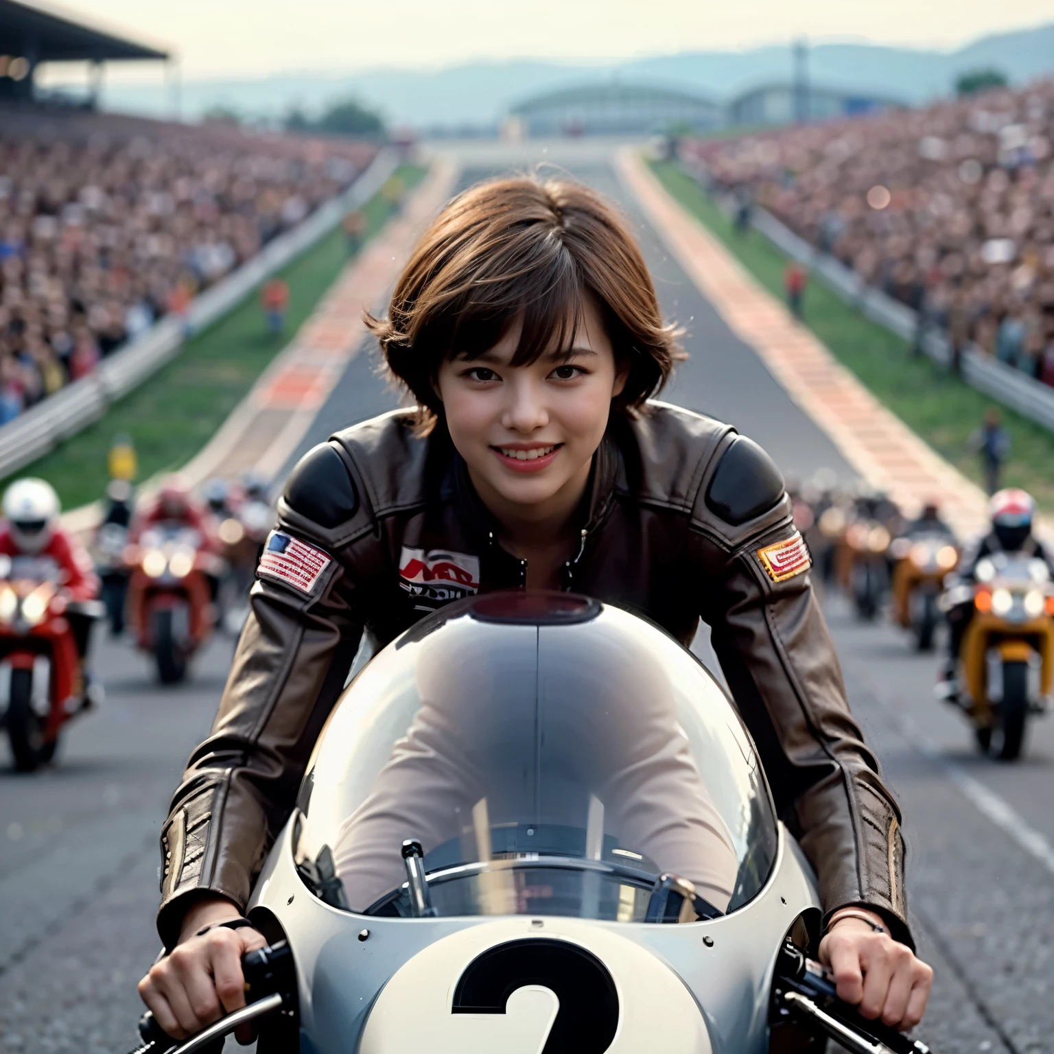 highest quality,masterpiece,Ultra-high resolution,(Photorealistic:1.4),(One girl),1 female,20 years,(Riding a motorcycle),(Riders),smile,(Brown short hair),  roar, Outdoor,(orbit),Pit Road,(Racing Motorbike)、Shooting from 3m away、Wide-angle shooting