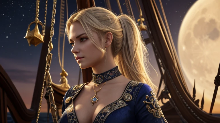 high quality, super realistic, pirate, a blond grey eyes 20-year-old Pirate Maiden with a celestial beauty rivaling the stars, Picture her poised at the helm of a grand pirate ship, her silhouette defined against the shimmering night sky of a crimson moon, The vessel itself is a maritime masterpiece, adorned with intricate carvings, polished brass embellishments, and an array of mystical symbols, The Scarlet Moonlit Pirate dons a resplendent ensemble blending midnight blues with silvery hues, adorned with delicate lace and glistening gemstones, A star-like pendant gracefully hangs around her neck, emphasizing her bewitching aura, by yukisakura, high detailed,, Watercolor, trending on artstation, sharp focus, studio photo, intricate details, highly detailed