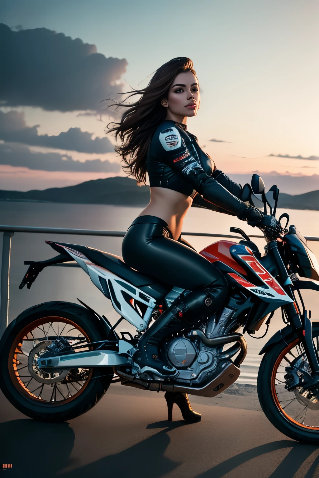 (best quality, 4k, 8k, highres, masterpiece:1.2), ultra-detailed, (realistic, photorealistic, photo-realistic:1.37), Full body shot, whole motorcycle photo, Cute young woman, Riding a KTM 450 motocross motorcycle at the wharf, glamorous shape, shoulder-length shiny smooth light brown hair, Wearing a black leather riding jacket, Glossy satin red bikini under the riding jacket, Leather black riding gloves, Leather black pants, Leather black high-heeled boots, gazing at the night view over the sea, absolutely pretty face, Double eyelids, Natural makeup, long eyelashes, Glossy lips, 8K resolution,high details, detailed hairstyle, Detailed face, Black eyes, Elegant, epic, Cinematic lighting, Octane Rendering, Vibrant, Hyper realistic, Fair skin, Perfect limbs, Perfect Anatomy