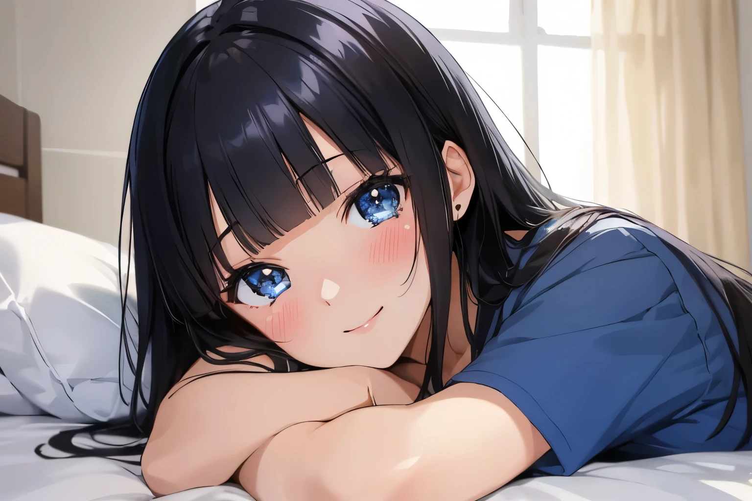 Masterpiece、highest quality、1 female、Super detailed　Black Hair、Blunt Bangs　Blue Eyes、Sparkling Eyes　Smiling、blush　T-Shirts　Face is close、Facial Close-up、Bring your face closer　Sheetsに寝転がる、Lying on your side　Sheets