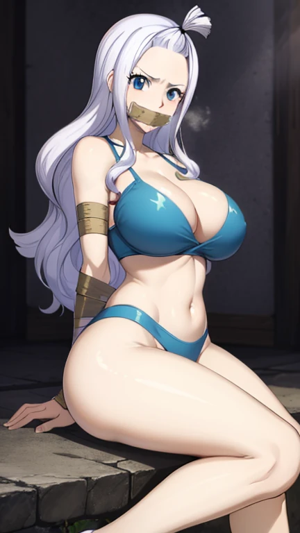 Mirajane, natural lighting, masterpiece, highly detailed, illustration, game CG, absurdres, high quality, aichan, large breasts, beautiful detailed eyes, short, (tape gag), (tape bound), (arms bound), (legs bound:1.2), eyes wide, shocked, surprised, collarbone, sitting, (knees bent), mirajane has a huge ass, Mirajane is bikini, mirajane has huge tits