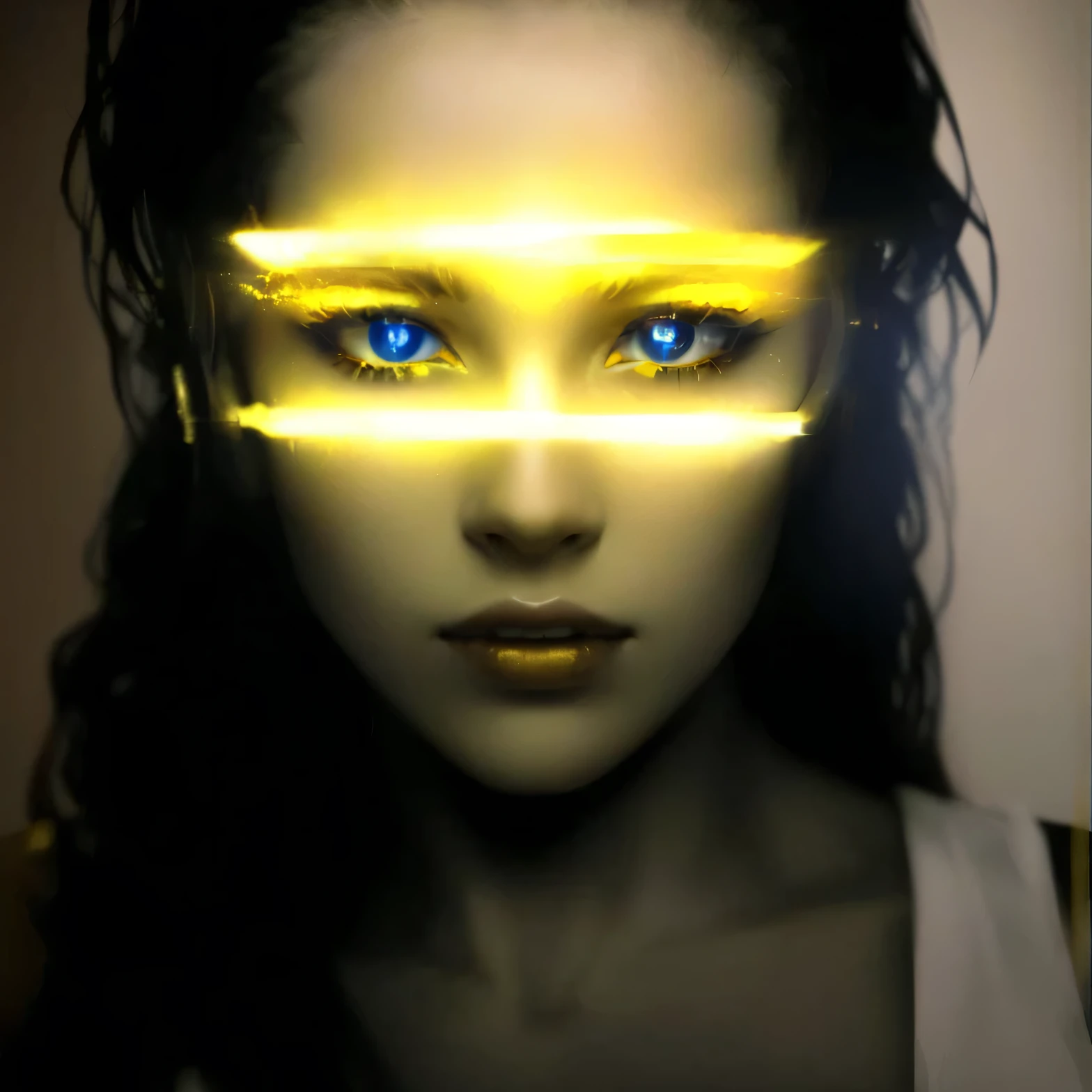 close-up of a woman with glowing eyes and yellow light, glowing yellow eyes, with glowing yellow eyes, Yellow eyes of a cyborg, Yellow neon cyborg eyes, metal and glowing eyes, glowing yellow face, golden yellow eyes, yellow eyes, light glowy yellow eyes, With golden eyes, glowing golden eyes, Neon glowing eyes, glowing face, Futuristic yellow lens
