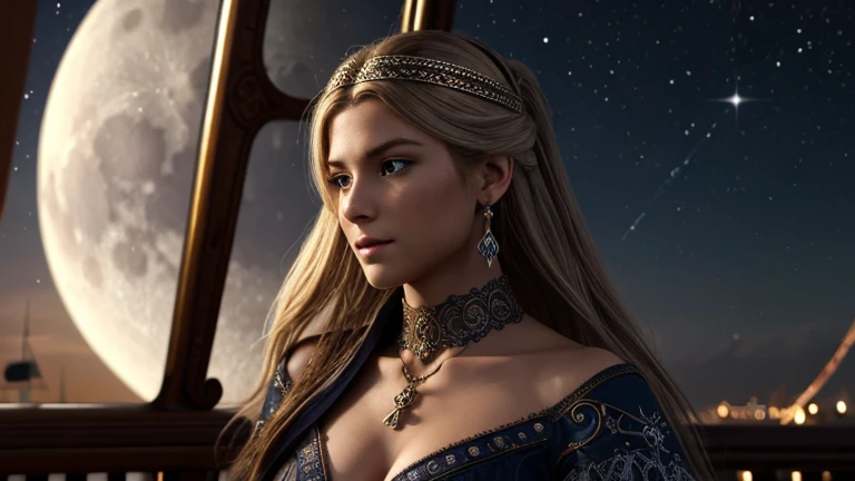 high quality, super realistic, pirate, a blond grey eyes 20-year-old Pirate Maiden with a celestial beauty rivaling the stars, Picture her poised at the helm of a grand pirate ship, her silhouette defined against the shimmering night sky of a crimson moon, The vessel itself is a maritime masterpiece, adorned with intricate carvings, polished brass embellishments, and an array of mystical symbols, The Scarlet Moonlit Pirate dons a resplendent ensemble blending midnight blues with silvery hues, adorned with delicate lace and glistening gemstones, A star-like pendant gracefully hangs around her neck, emphasizing her bewitching aura, by yukisakura, high detailed,, Watercolor, trending on artstation, sharp focus, studio photo, intricate details, highly detailed