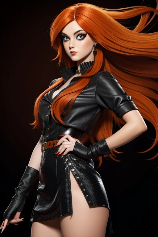 Orange long hair Emo Pin up Girl, Black Faux, Lustrous zomp eyes, Striking a pose, natural make up.