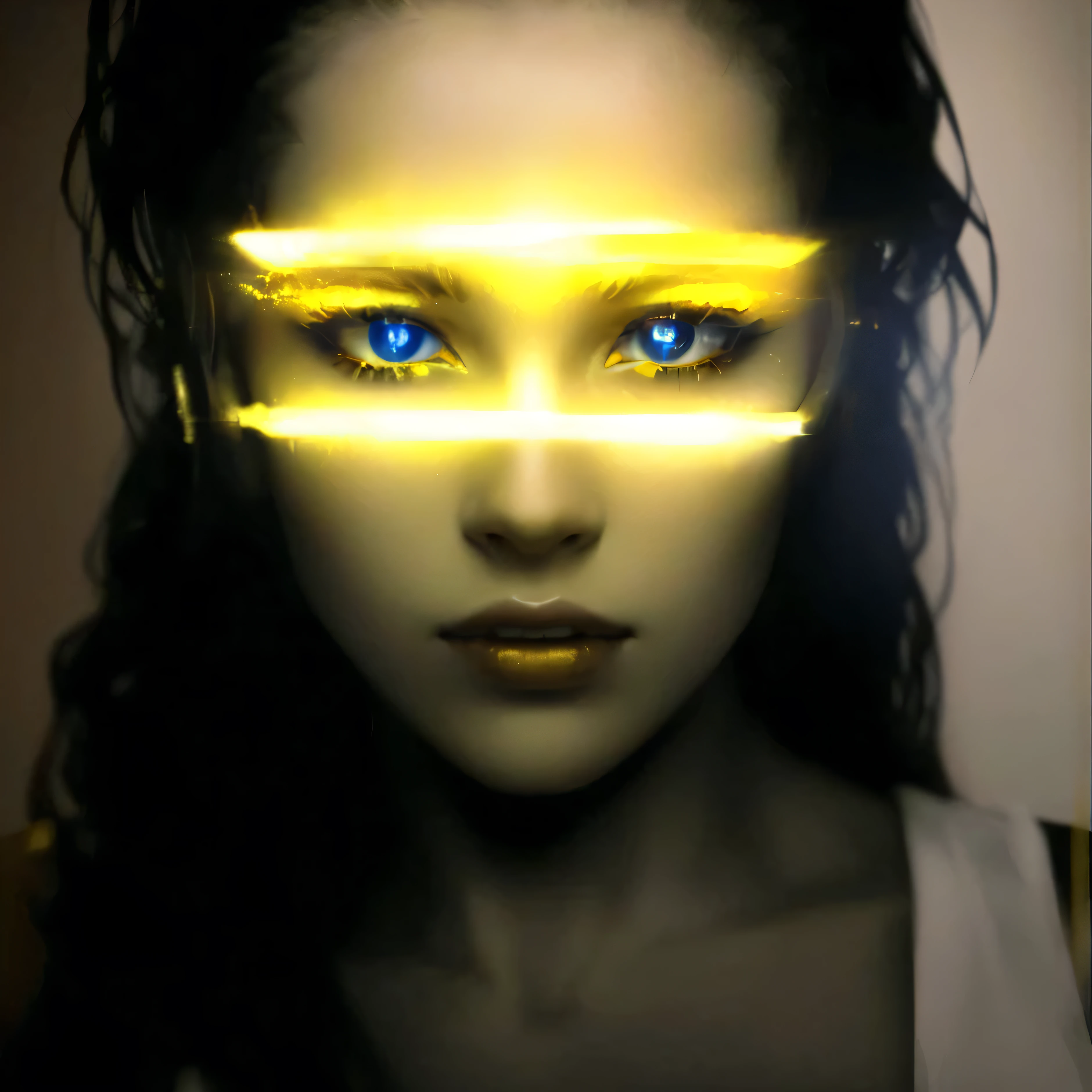 close-up of a woman with glowing eyes and yellow light, glowing yellow eyes, with glowing yellow eyes, Yellow eyes of a cyborg, Yellow neon cyborg eyes, metal and glowing eyes, glowing yellow face, golden yellow eyes, yellow eyes, light glowy yellow eyes, With golden eyes, glowing golden eyes, Neon glowing eyes, glowing face, Futuristic yellow lens