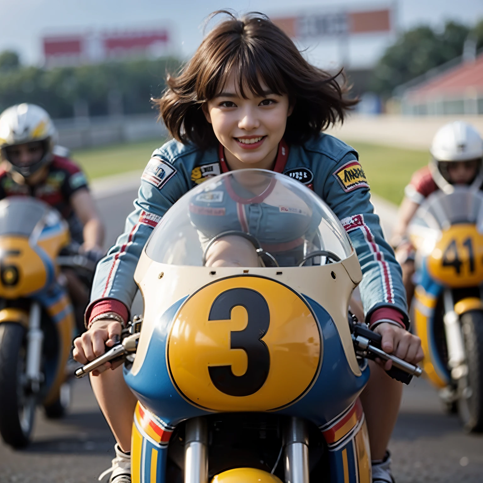highest quality,masterpiece,Ultra-high resolution,(Photorealistic:1.4),(One girl),1 female,20 years,(Riding a motorcycle),(Riders),smile,(Brown short hair), roar, Outdoor,(orbit),Pit Road,(Racing Motorbike)、Shooting from 3m away、Wide-angle shooting
