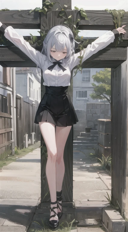 1girl with long hair and dress, 1 girl is taking to lavatory, looking away,  standing,  embarrassed, blush, Keep one's mouth shut,  street (girl is peeing self:0.4) <lora:GoldenSide-v21-1-e32-T1_lora:1> <lora:haveToPeePose:1>