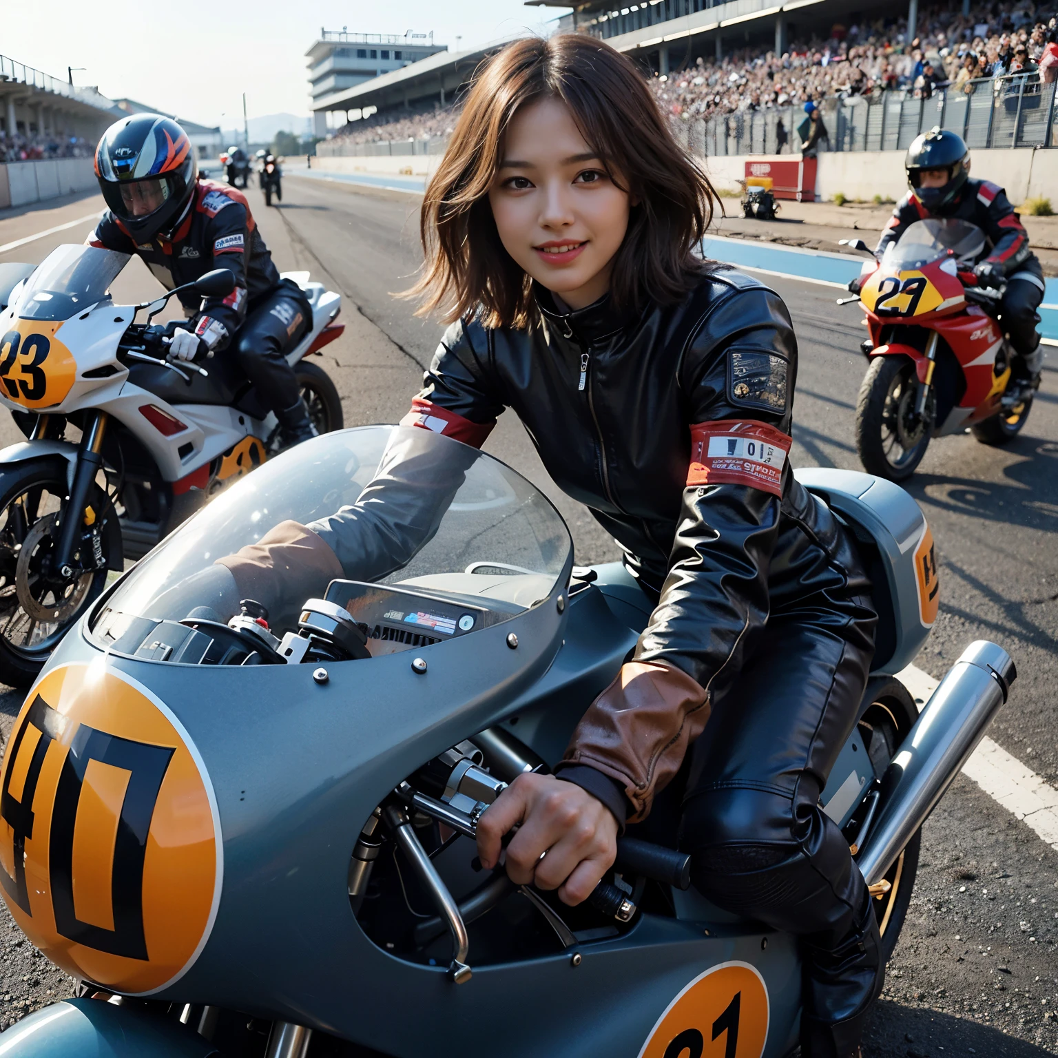 highest quality,masterpiece,Ultra-high resolution,(Photorealistic:1.4),(One girl),1 female,20 years,(Riding a motorcycle),(Riders),smile,(Brown short hair),  roar, Outdoor,(orbit),Pit Road,(Racing Motorbike)、Shooting from 3m away、Wide-angle shooting