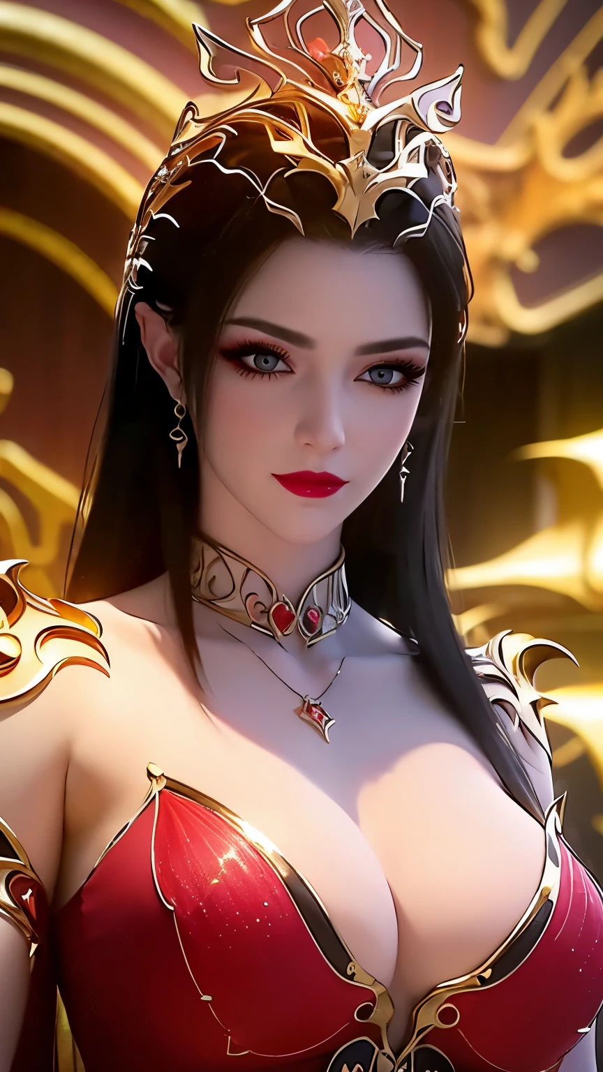 "An extremely beautiful queen,(best quality,4k,highres,masterpiece:1.2),ultra-detailed,(realistic,photorealistic,photo-realistic:1.37),beautiful queen,royal costume,sparkling crown,colorful gemstones,golden scepter,elegant pose,garden background,soft lighting,vibrant colors,delicate facial features,long flowing hair,big and round breasts,black eye pupils,The big, round platinum eyes are beautiful and super detailed,red and detailed makeup eyebrows,mouth closed tightly,dreamy atmosphere,the most perfect body,ethereal beauty,proud expression,clasped the queen's hands behind her back,strikingly graceful,lovely and charming,attention to detail,regal and majestic,fairytale-like ambiance,1 girl, 1 alone,full body"