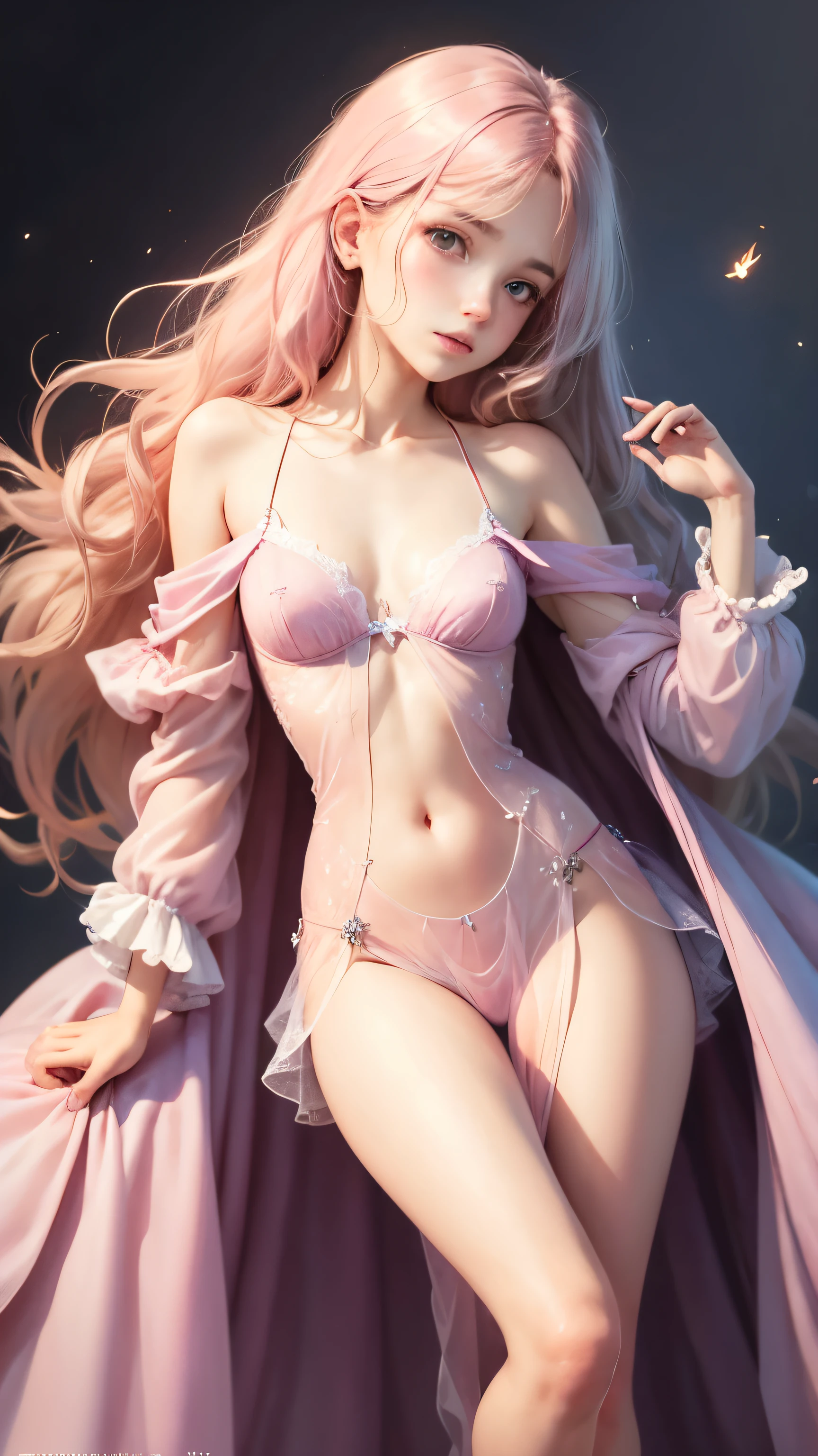 (Pieces fly),(highest quality:1.1),(Very detailed),Best illustrations,The finer details,(Portraits:1.1),(Watercolor)fluffy,1 female,alone,,Small breasts,Anorexic Thin Thighs,slim,(Very delicate and beautiful face),(Beautiful eyes in every detail),Pink thick lips,(Messy Hair),Soft and lazy,(Simple Background:1.2)Overall background color,Transparent parts,In 4K,Full Shot,Thin legs,Pink High Heels,See-through gown,The happi coat is open