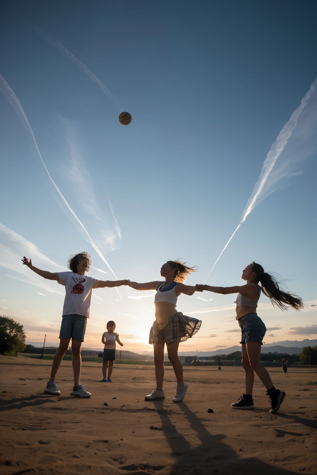 circle of children holding hands, In the center of the circle a  throwing a ball into the air