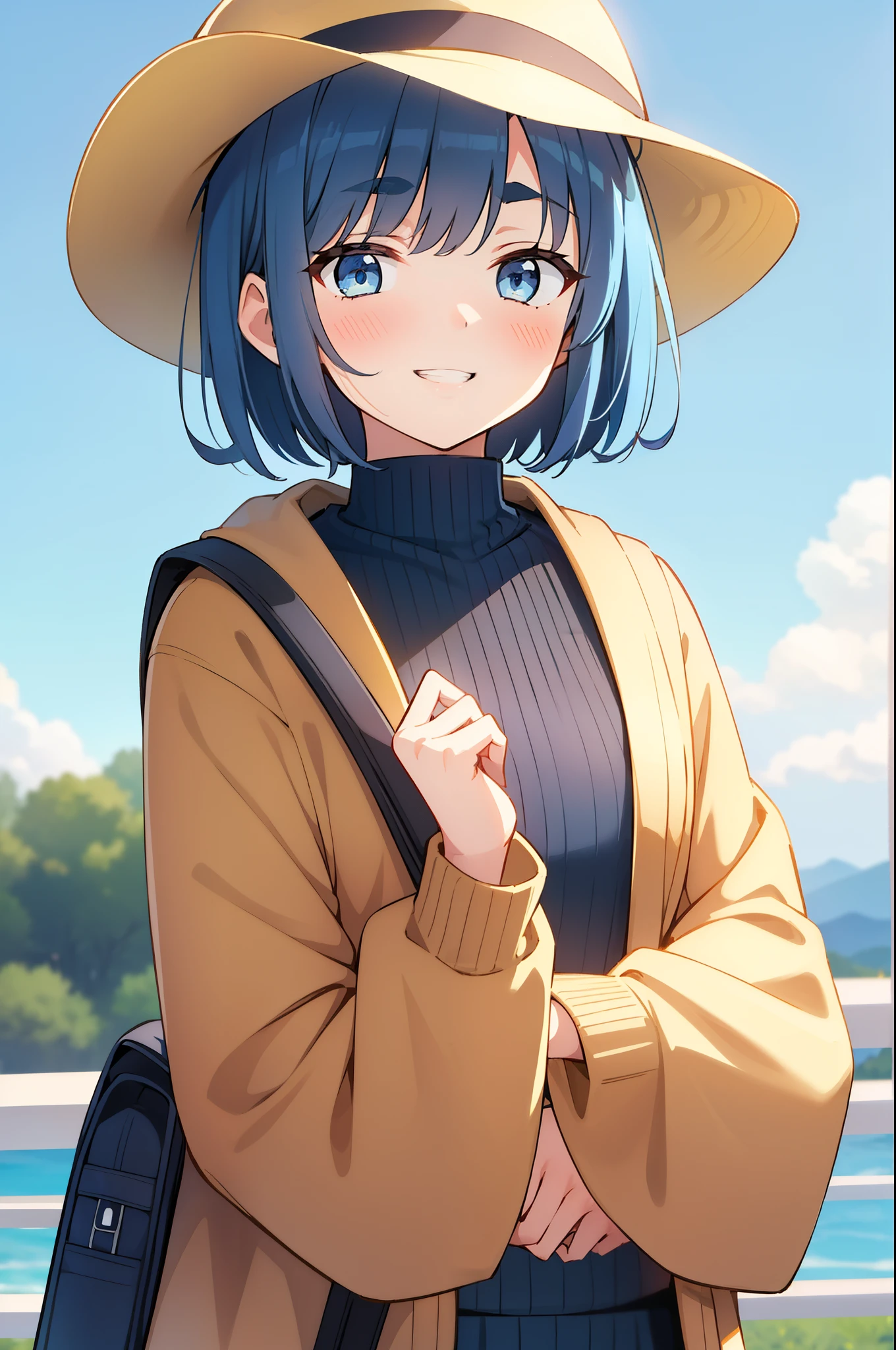 rating:safe, kawashiro_nitori, hat, 1girl, bag, backpack, solo, hair_bobbles, smile, hair_ornament, short_hair, blue_hair, blue_eyes, looking_at_viewer, sky, day, upper_body, blush, blue_sky, outdoors, two_side_up, eyebrows_visible_through_hair, grin, cloud, long_sleeves, alternate_costume, bangs