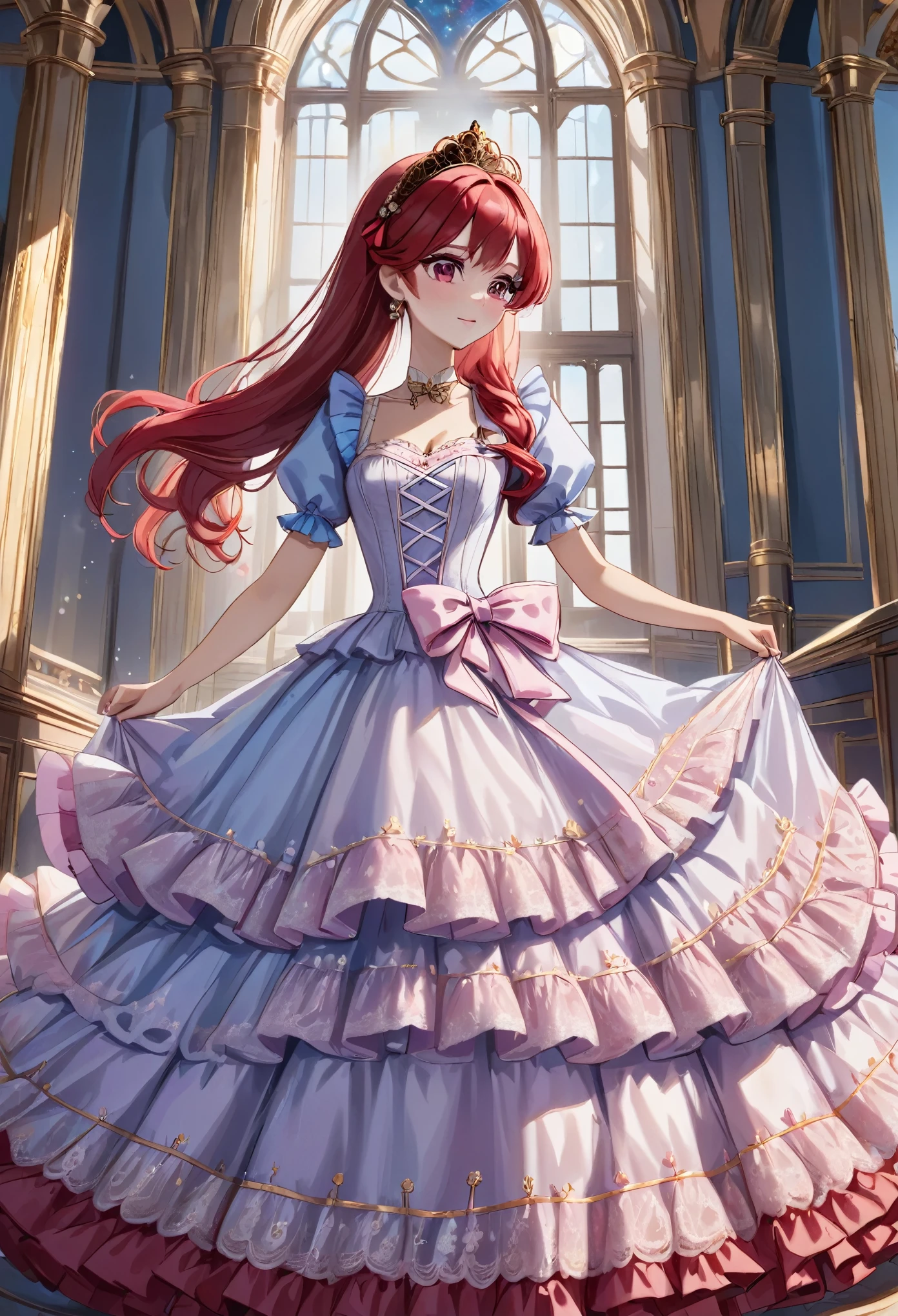 (best quality,4k,8k,highres,masterpiece:1.2),ultra-detailed, Pretty 15 years old princess, drawn in anime style, is cute and happy, long red twin tail hair, pink eyes, small breast, makeup and lipstick, steampunk, red and white ball gown with puffy sleeves, physically-based rendering,gorgeous princess dress design,flowing gown,elaborate lace details,rich textures,contrast stitching,delicate ribbon bows,floral accents, daisy flowers embroidery, full skirt,short sleeves,fitted waistline,flared cuffs,lace-up back,luxurious fabrics,flawless silhouette, petticoat, bloomers, bustle, corset, hair ribbons, white elbow gloves, ruby earrings and necklace, gold tiara, high heels, wielding a fire magic wand, standing in castle bedroom, highly detailed, 4K.