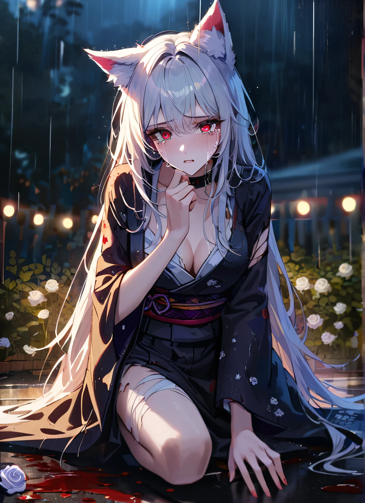 detail description,professional,vivid colors,bokeh,portraits
A gorgeous girl, wolf ears, wearing a damaged kimono samurai suit, a very ripped damaged kimono suit, missing parts of the suit, very ripped clothes, she's sad, tears, heartbroken, hurt, blood, dark garden, white roses, ultra detailed face, long eyelashes, sharp eyes, perfect make up, white ultra long hair, fullbody shot, garden, night, rain, dramatic scenario, cowboy shot, kneeling on the floor,