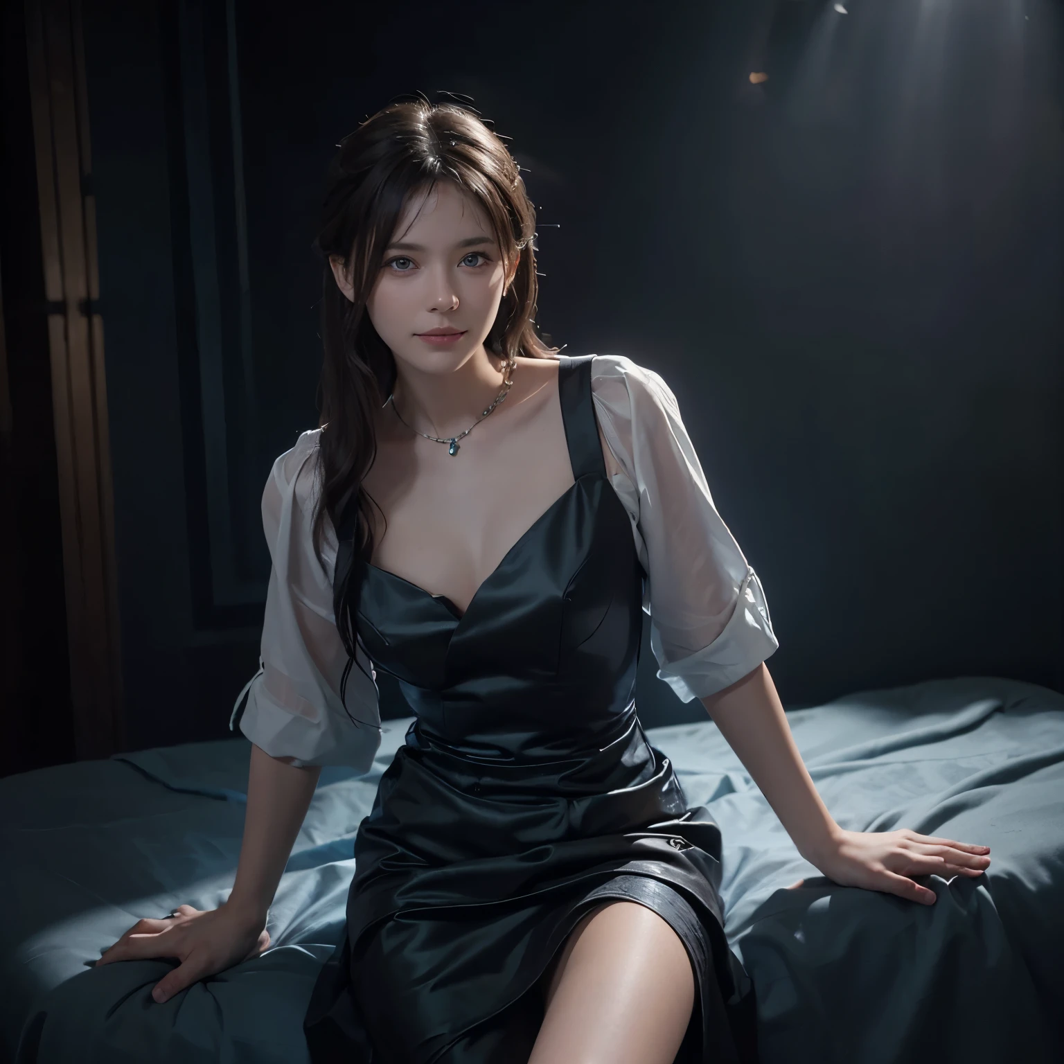 (Front Focus), (In the Dark:1.6), Hyperrealist Female Portrait by David Hockney and Alphonse Mucha, Fantasy art, Photorealistic, Dynamic Lighting, Art Station, Poster, Volumetric lighting, Highly detailed face, 4k yen, Awards, One girl, In the Dark, Deep Shadow, Modest, Cowboy Shot, (Official attire:1.4), Long Hair, Gray Hair, smile, Highly detailed skin, masterpiece, highest quality,beautiful girl fucked by a young boy,naked,on the bed,short cut,white skin,shaved underhair,idol,sexy,blue eyes,wet