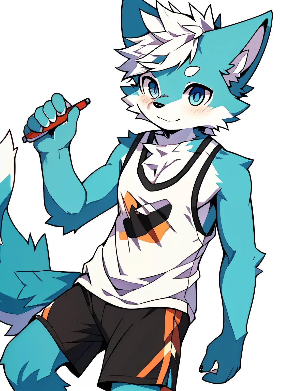 Highres, Masterpiece, Best quality at best,High-quality illustrations, Best Quality, Light blue color eyes, Furry male, shoun, White hair, Tank top, Blue shorts, grey ears, short detailed hair,White hair, canid, Dog boy, Simple beckground