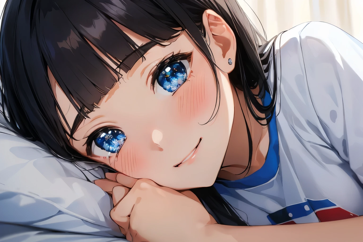 Masterpiece、highest quality、1 female、Super detailed　Black Hair、Blunt Bangs　Blue Eyes、Sparkling Eyes　Smiling、blush　T-Shirts　Face is close、Facial Close-up、Bring your face closer　Sheetsに寝転がる、Lying on your side　Sheets