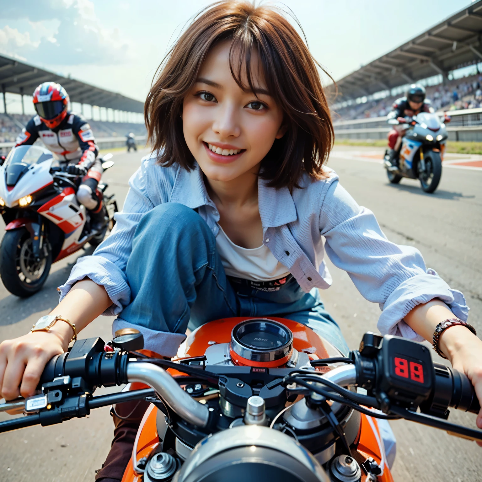 highest quality,masterpiece,Ultra-high resolution,(Photorealistic:1.4),(One girl),1 female,20 years,(Riding a motorcycle),(Riders),smile,(Brown short hair), roar, Outdoor,(orbit),Pit Road,(Racing Motorbike)、Shooting from 3m away、Wide-angle shooting