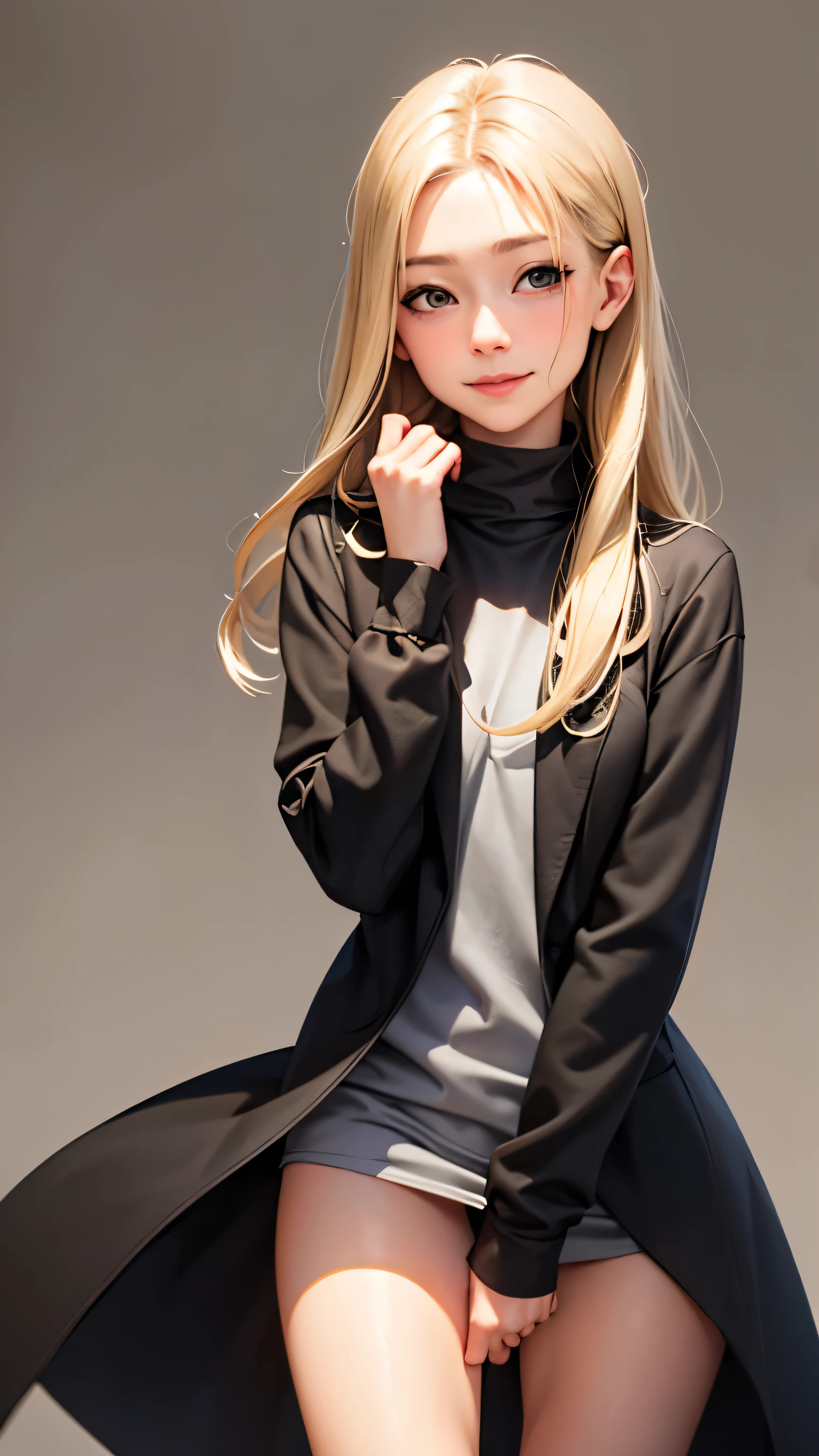 masterpiece, highest quality,Face-to-face audience, Upper body,Middle-aged women,Greek Goddess Attitude, Melon seed face, ((Long, narrow eyes)), Mole under the eye,Brown eyeball, Thin lips, Anorexia,blonde, Very long hair, Laugh with your mouth closed,40 year old mature woman, self-portrait, Simple Background,Thin legs,Close your eyes and smile,The happi coat is open