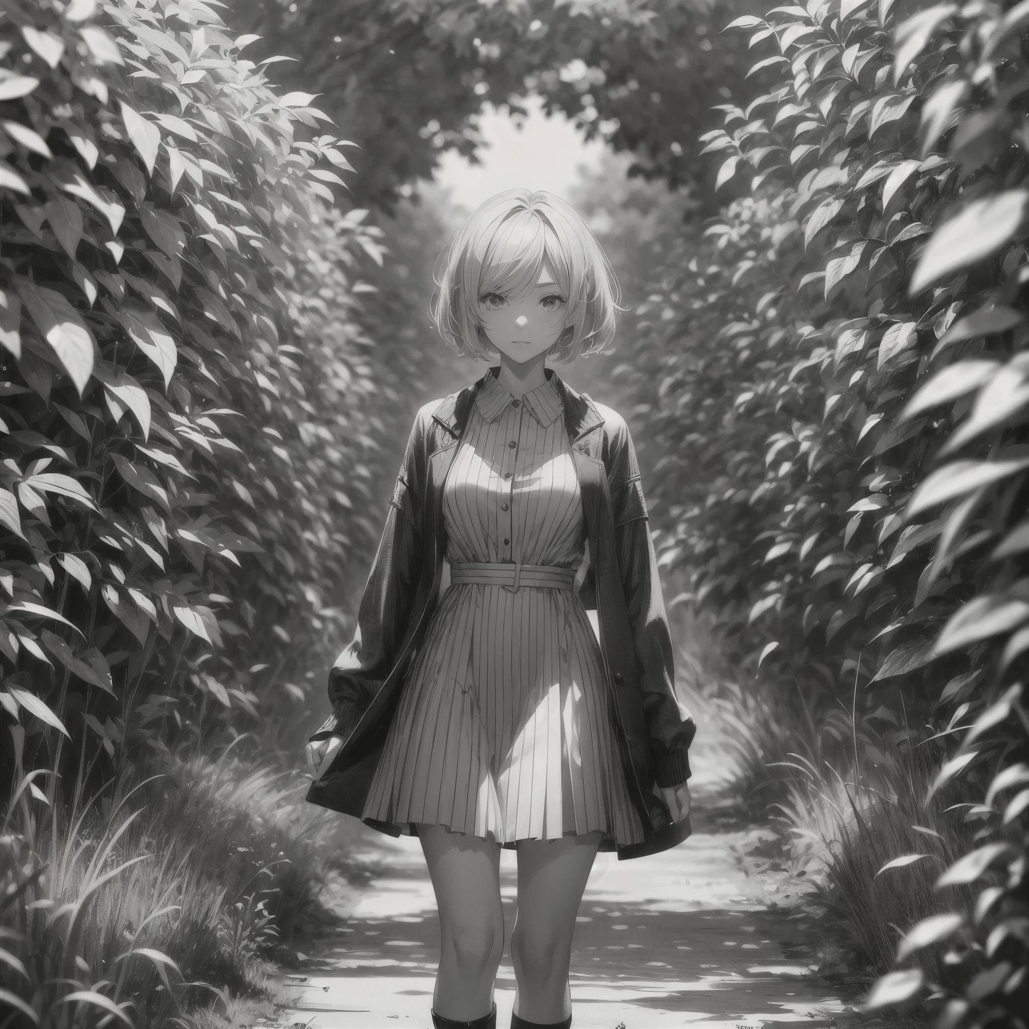 ((20-year-old woman,Blonde short bob hair,She is walking through an grassland in the monochrome world)),inside the monochrome world,the monochrome grassland,There are monsters in the grassland,Uneasy atmosphere,