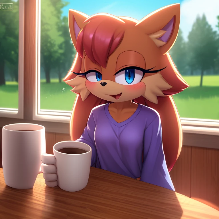 Score_9, score_8up, highres, 1girl, rating_suggestive, lop (star wars visions), furry, blue eyes, loving eyes, sleepy, drowsy, (small breasts), blushing, oversized shirt, sitting at a kitchen table, dawn, morning, holding a cup of coffee, sitting next to pov, ((saying, "good morning")), sfw, wallpaper