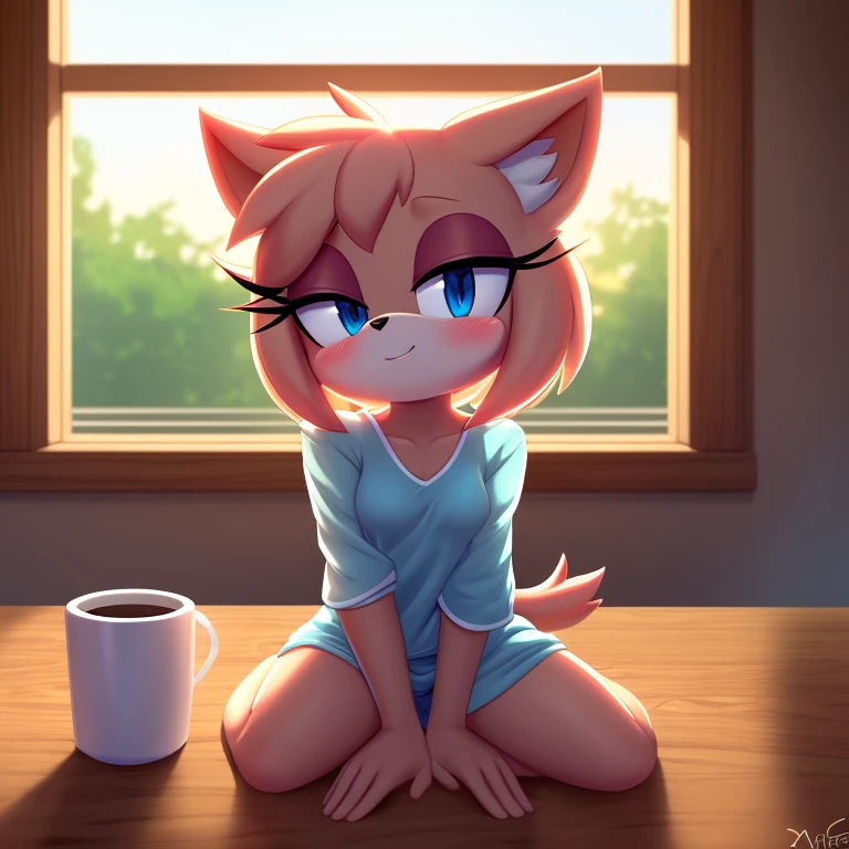 Score_9, score_8up, highres, 1girl, rating_suggestive, lop (star wars visions), furry, blue eyes, loving eyes, sleepy, drowsy, (small breasts), blushing, oversized shirt, sitting at a kitchen table, dawn, morning, holding a cup of coffee, sitting next to pov, ((saying, "good morning")), sfw, wallpaper