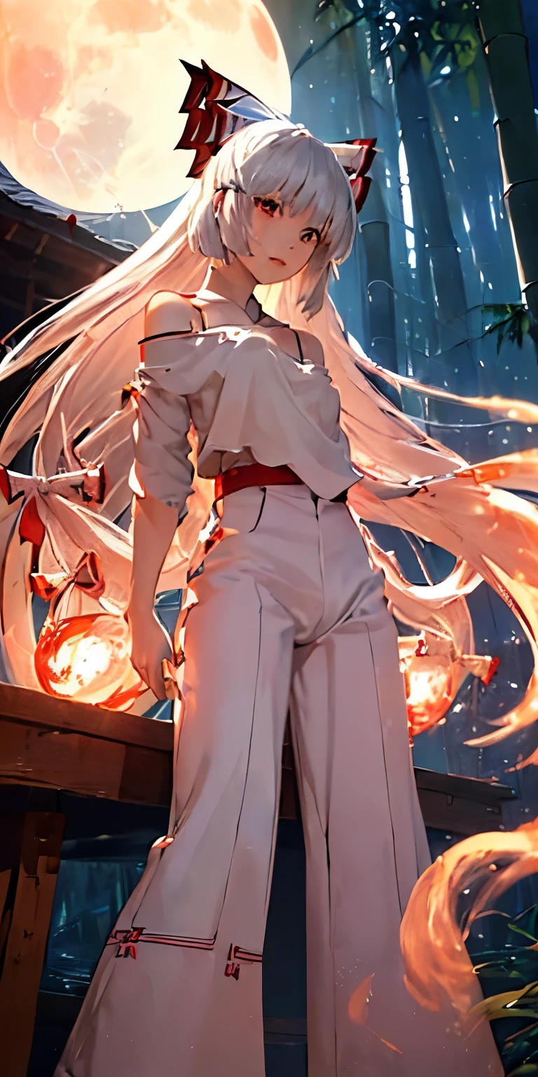 (masterpiece, best quality:1.3), (ultra detailed:1.3), (final fantasy artwork concept:1.5), (manga eyes + hair + clothes + body + face + colors + shoulders + eyes:1.3), (from below:1.3), Fujiwara no Mokou, Touhou Series, (anime, illustration:1.3), perfect face, expressive eyes, 1 girl, looking at viewer, ************, beautiful, anime, lora, (silver hair, long hair, white shirt), (red pants:1.5), (look evil:1.5), (sitting, fight stance:1.5), (cinematic lighting, realistic, dream-like, enchanting atmosphere:1.5), (an old japanese mansion with moonlight leaking, in bamboo forest, midnight, big full moon:1.3), (Mokou casting a spell, with hands glowing and ais-particlez emanating in a dazzling array of colors, enveloping the entire scene:1.5),