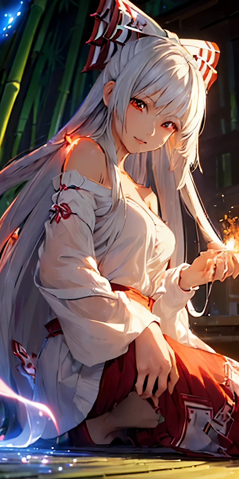 (masterpiece, best quality:1.3), (ultra detailed:1.3), (final fantasy artwork concept:1.5), (manga eyes + hair + clothes + body + face + colors + shoulders + eyes:1.3), (from below:1.3), Fujiwara no Mokou, Touhou Series, (anime, illustration:1.3), perfect face, expressive eyes, 1 girl, looking at viewer, 16 years old, beautiful, anime, lora, (silver hair, long hair, white shirt), (red pants:1.5), (look evil:1.5), (sitting, fight stance:1.5), (cinematic lighting, realistic, dream-like, enchanting atmosphere:1.5), (an old japanese mansion with moonlight leaking, in bamboo forest, midnight, big full moon:1.3), (Mokou casting a spell, with hands glowing and ais-particlez emanating in a dazzling array of colors, enveloping the entire scene:1.5),