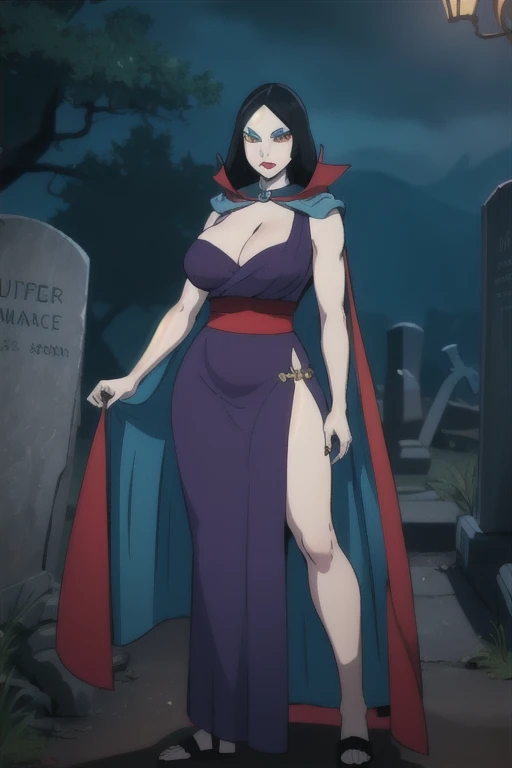 masterpiece, best quality, highly detailed, 
1girl, youkainingen, colored skin, black hair, makeup, cape, long dress, whipping, One Shoulder Dress, graveyard, night, The chest is super huge,big breasts
