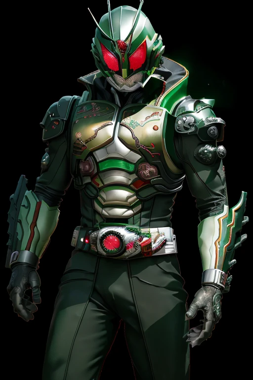 Kamenrider, (Green colour, Black color, Red color), 1 person, (dynamic pose), 8K, masterpiece, Best quality, detailed, highly detailed, sharp focus, Ideal Anatomy, Best quality, (cowboy shot:1.2), (daylight, feel light, Realistic lighting, Accent lighting, professional lighting, best shadow), (warm color:1.2), (destroy the city, detailed particles, detailed background),