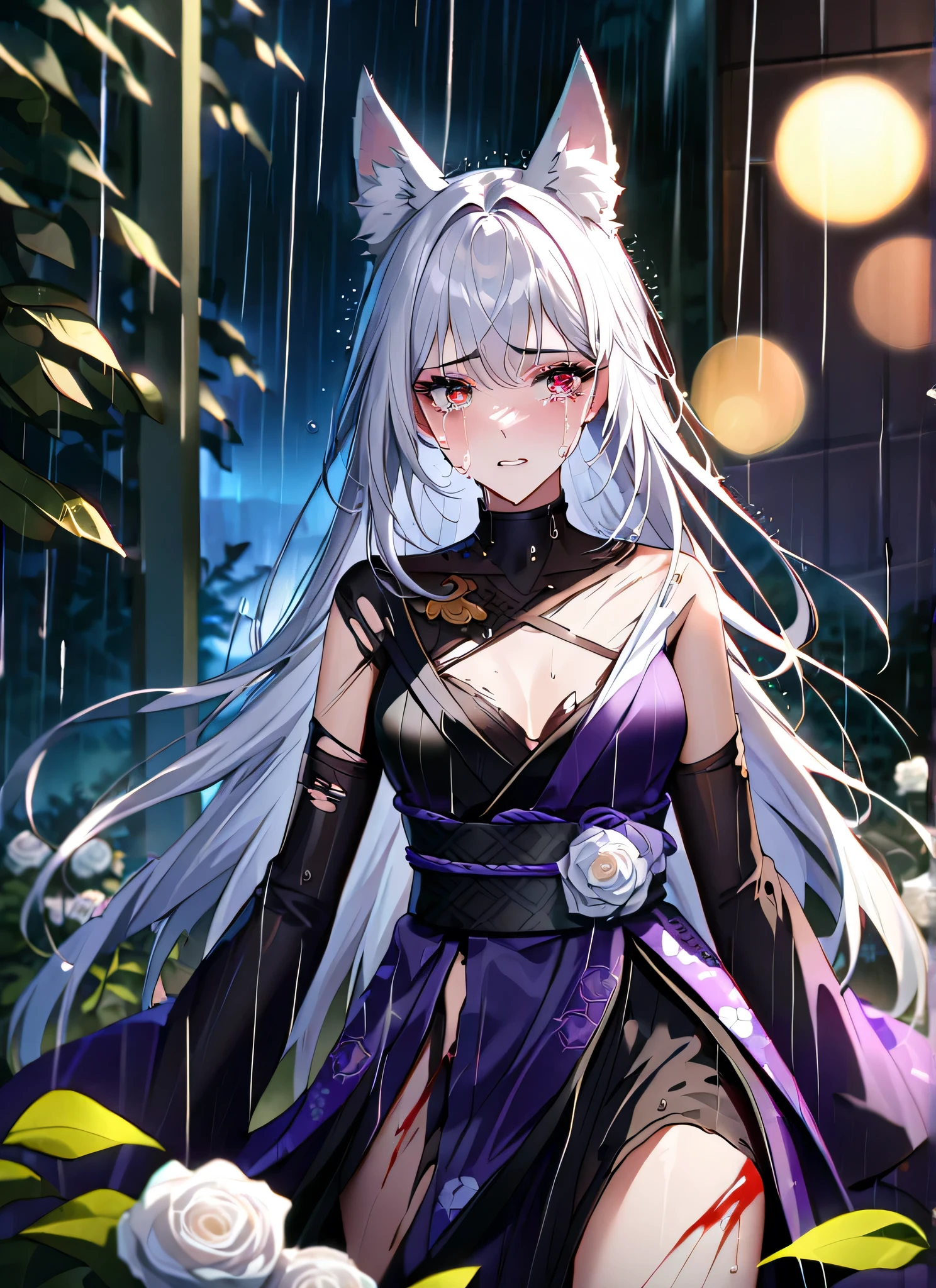 detail description,professional,vivid colors,bokeh,portraits
A gorgeous girl, wolf ears, wearing a very damaged kimono samurai suit, a very ripped damaged kimono suit, missing parts of the suit, very ripped clothes, she's sad, tears, heartbroken, hurt, blood, dark garden, white roses, ultra detailed face, long eyelashes, sharp eyes, perfect make up, white ultra long hair, fullbody shot, garden, night, rain, dramatic scenario, cowboy shot, running in the rain, running in tears, running fast