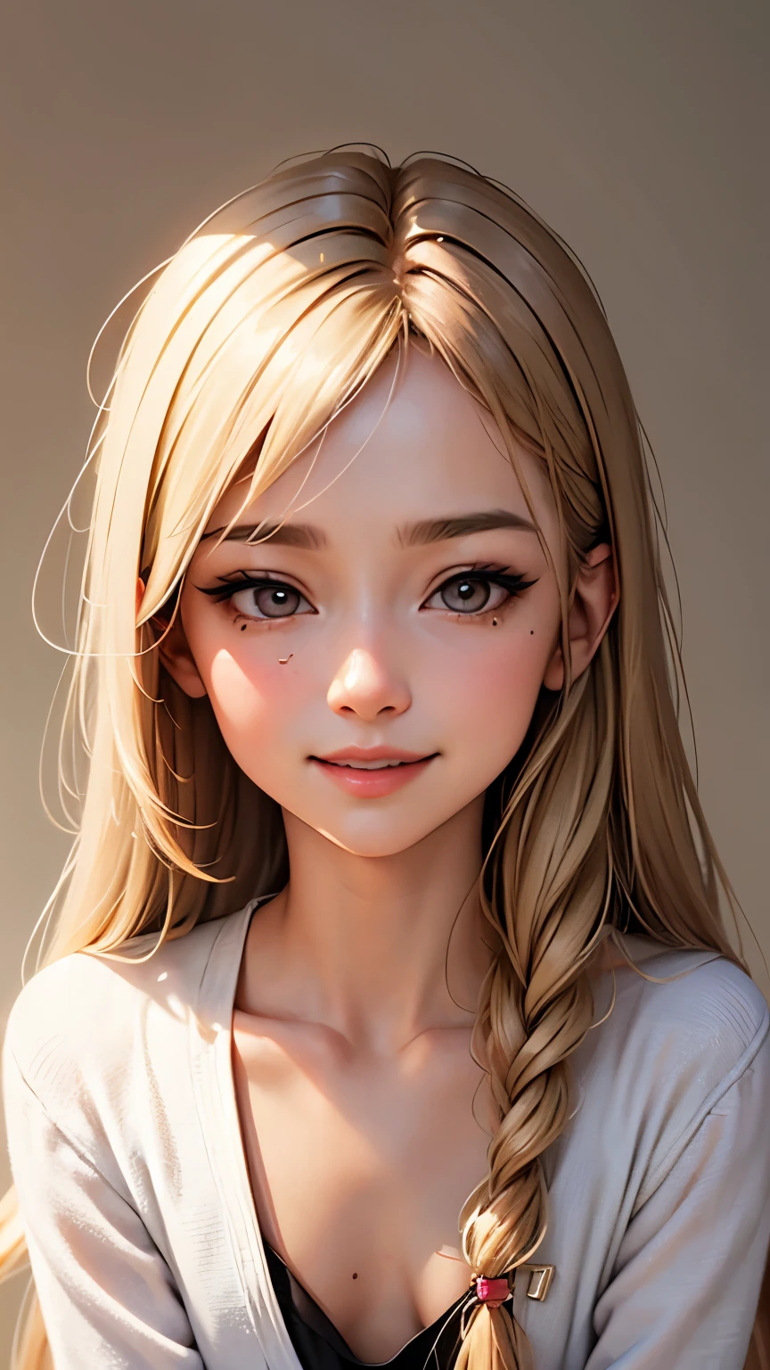 masterpiece, highest quality,Face-to-face audience, Upper body,Middle-aged women,Greek Goddess Attitude, Melon seed face, ((Long, narrow eyes)), Mole under the eye,Brown eyeball, Thin lips, Anorexia,blonde, Very long hair, Laugh with your mouth closed,40 year old mature woman, self-portrait, Simple Background,Thin legs,Close your eyes and smile,The happi coat is open