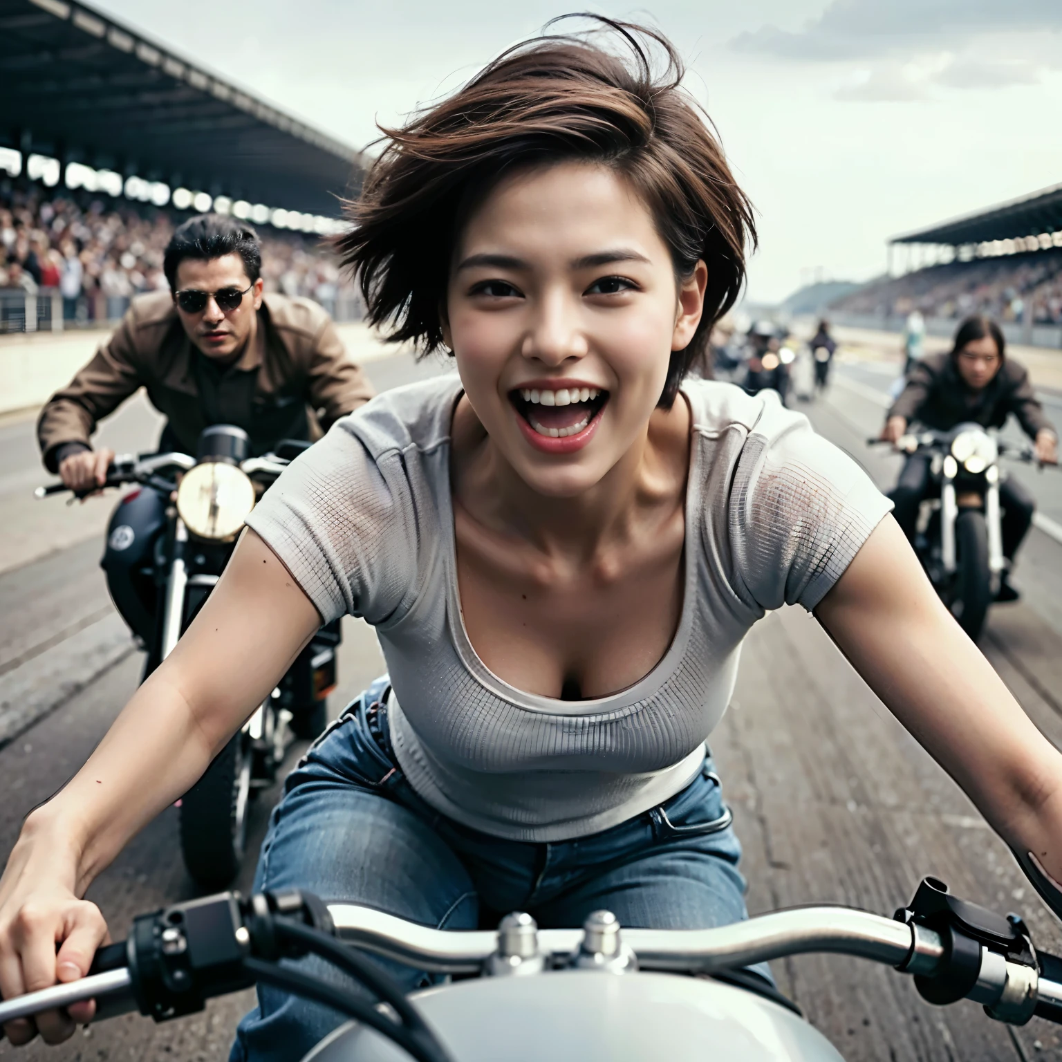 highest quality,masterpiece,Ultra-high resolution,(Photorealistic:1.4),(One girl),1 female,20 years,(Riding a motorcycle),(Riders),smile,(Brown short hair), roar, Outdoor,(orbit),Pit Road,(Racing Motorbike)、Shooting from 3m away、Wide-angle shooting
