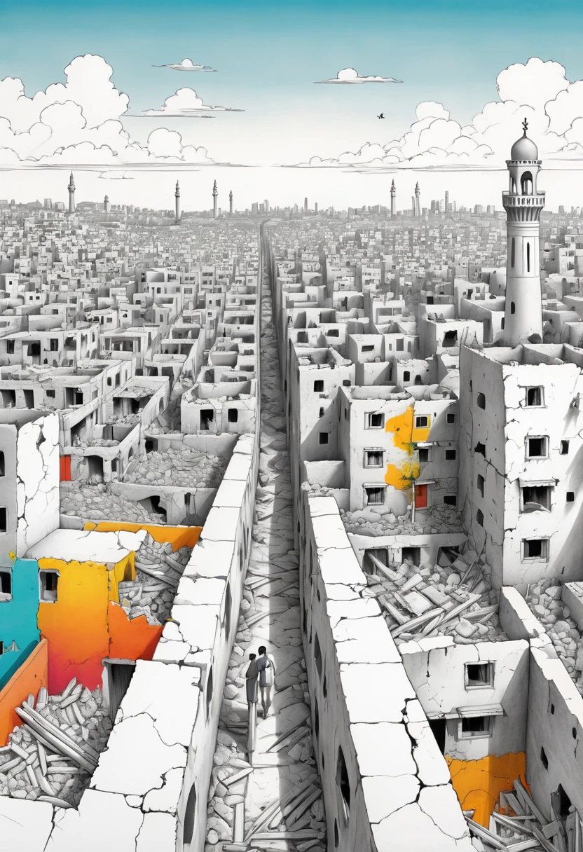 (The left half is a black and white line drawing of the war-torn and ruined city of Gaza:1.3), (The right half is a beautiful and pleasant city with tall buildings, bright sunshine and bright colors:1.5), (The artwork should transition from a pencil drawing style in black and white on the left half to vibrant colors on the right half, Ensure a seamless integration between the two halves without any dividing line, with the left side featuring detailed black and white pencil strokes and the right side filled with colors, creating a harmonious blend across the image), excellent quality, Detailed background, The art of math