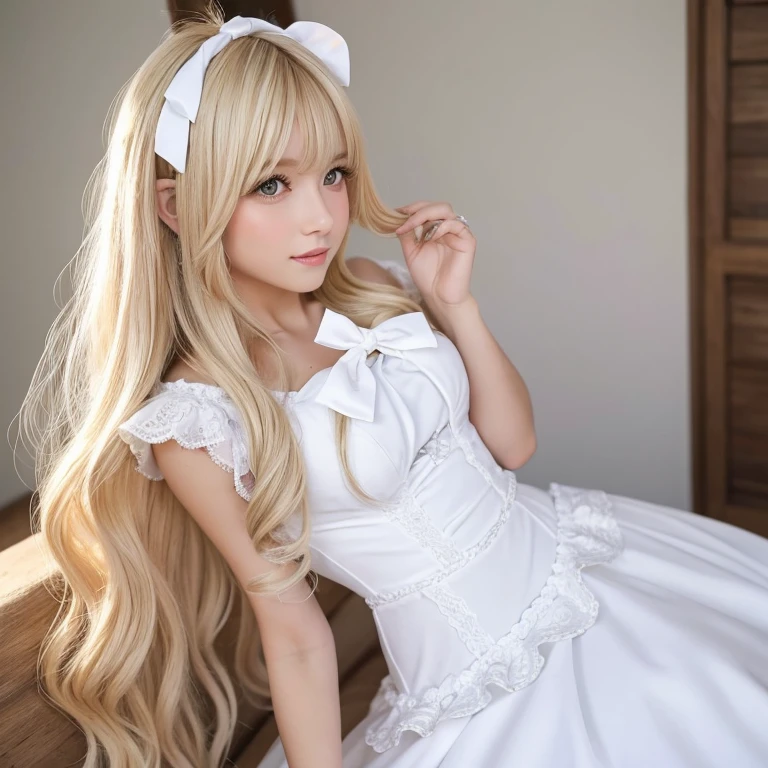 A woman with long blonde hair and bangs to her eyebrows, with a white bow in her hair, com um vestido curto branco, com a pele clara, luvas de renda branca, bonita, peitos grandes, salto branco, olhos verdes