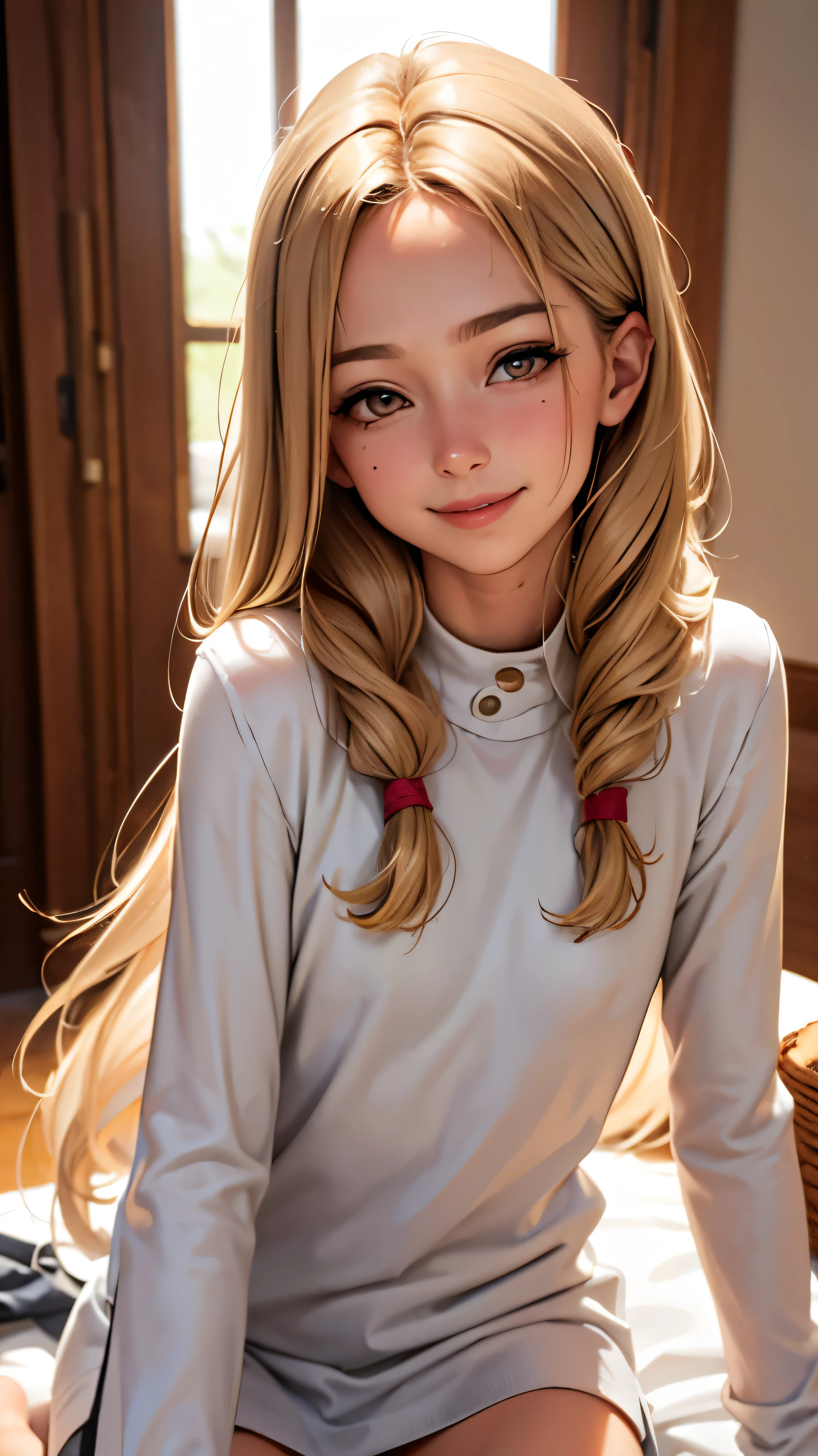 masterpiece, highest quality,Face-to-face audience, Upper body,Middle-aged women,Greek Goddess Attitude, Melon seed face, ((Long, narrow eyes)), Mole under the eye,Brown eyeball, Thin lips, Anorexia,blonde, Very long hair, Laugh with your mouth closed,40 year old mature woman, self-portrait, Simple Background,Thin legs,Close your eyes and smile,The happi coat is open