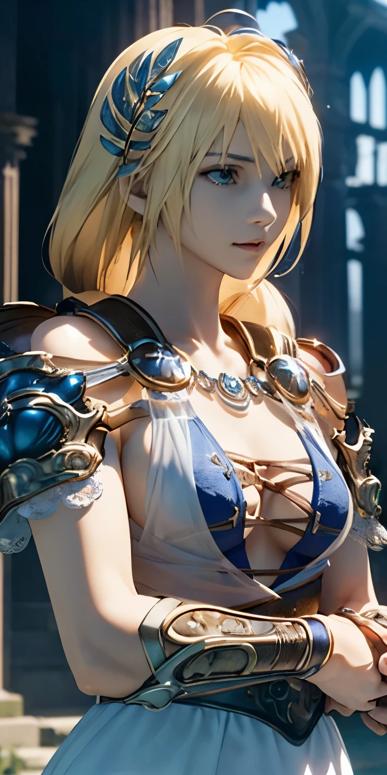 (masterpiece, best quality:1.3), (final fantasy artwork concept:1.5), Sophitia Alexandra, Soul Calibur, (upper body:1.5), anime, intricate detail, japanese style, 28 years old, look at viewer, gold hair, braid hair, (evil look:1.5), (covering chest by hands:1.5), (ruins blessed by the god Hephaestus, filled with a mystical air, beautiful stars spread out in a mysterious arrangement in the dark midnight:1.2),