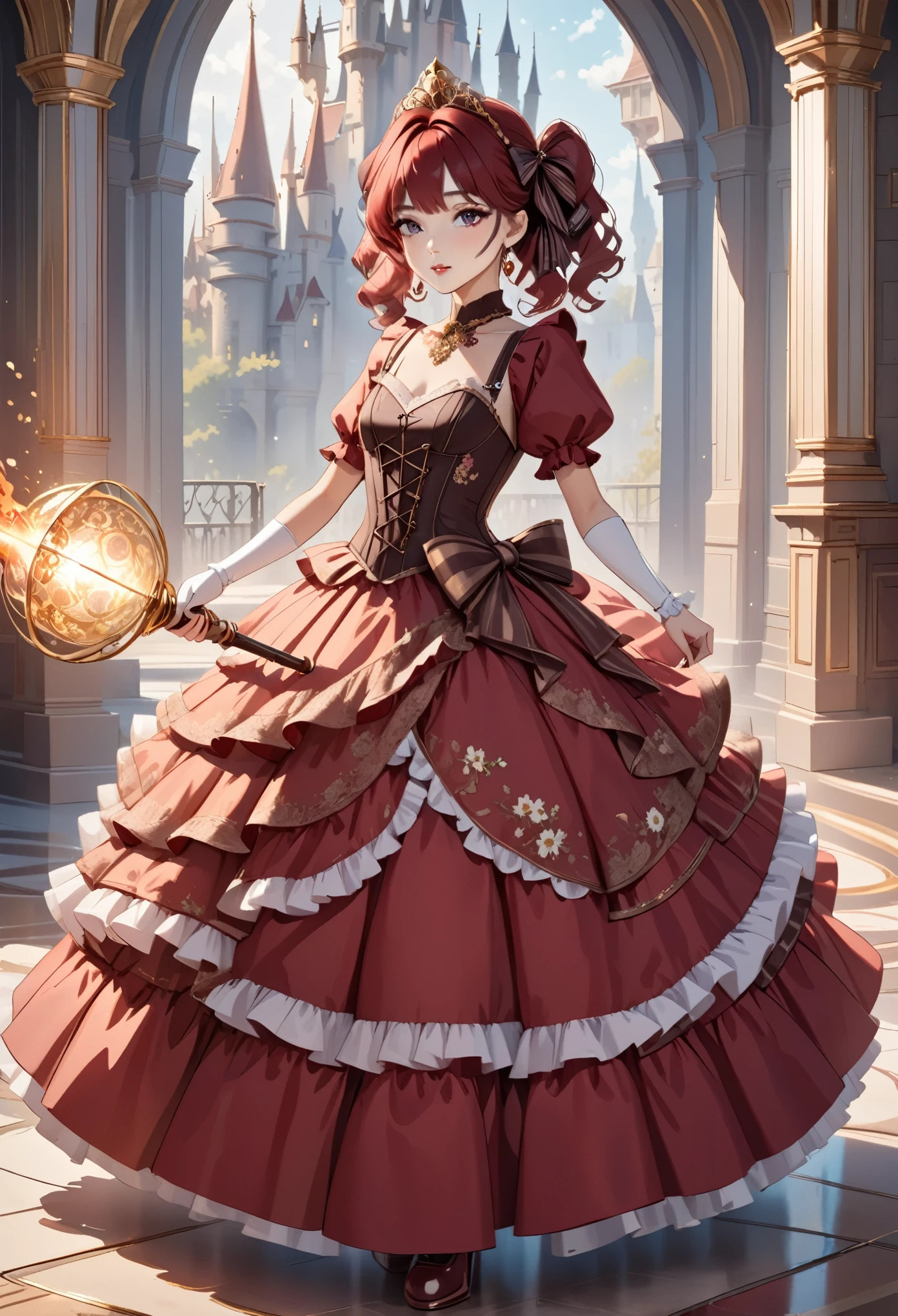 (best quality,4k,8k,highres,masterpiece:1.2),ultra-detailed, Pretty 15 years old princess, drawn in anime style, is cute and happy, long red twin tail hair, pink eyes, small breast, makeup and lipstick, steampunk, red and white ball gown with puffy sleeves, physically-based rendering,gorgeous princess dress design,flowing gown,elaborate lace details,rich textures,contrast stitching,delicate ribbon bows,floral accents, daisy flowers embroidery, full skirt,short sleeves,fitted waistline,flared cuffs,lace-up back,luxurious fabrics,flawless silhouette, petticoat, bloomers, bustle, corset, hair ribbons, white elbow gloves, ruby earrings and necklace, gold tiara, high heels, wielding a fire magic wand, standing in castle bedroom, highly detailed, 4K.