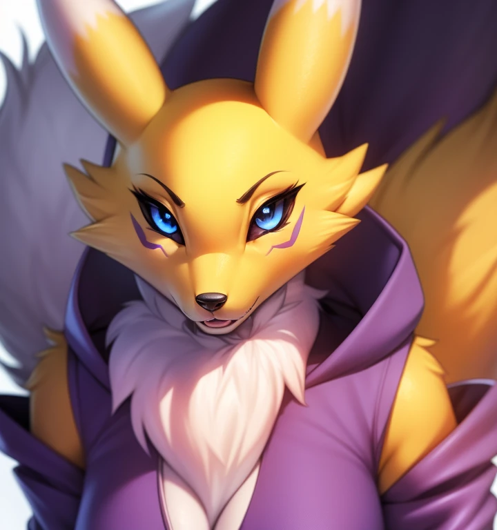 renamon, furry female, anthro, fox girl, portrait, close-up, fur trim, solo, (body fur:1.2), (best quality), simple white background, dramatic lighting, (detailed fluffy fur:1.1), serious,  