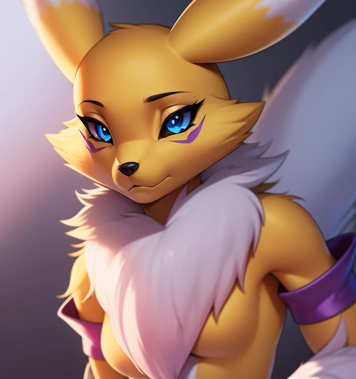 renamon, furry female, anthro, fox girl, portrait, close-up, fur trim, solo, (body fur:1.2), (best quality), simple white background, dramatic lighting, (detailed fluffy fur:1.1), serious,  