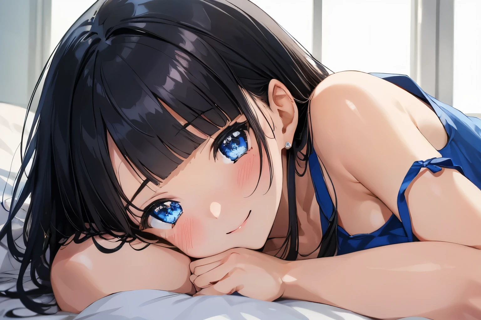 Masterpiece、highest quality、1 female、Super detailed　Black Hair、Blunt Bangs　Blue Eyes、Sparkling Eyes　Smiling、blush　Tank top　Face is close、Facial Close-up、Bring your face closer　Sheetsに寝転がる、Lying on your side　Sheets