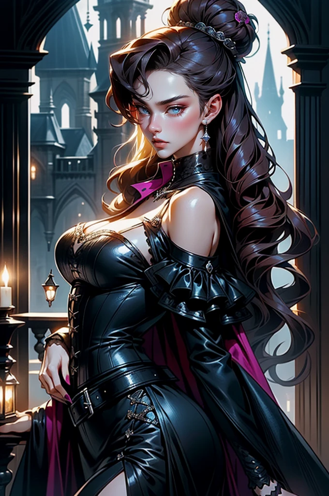 (masterpiece, top quality, best quality, official art, beautiful and aesthetic: 1.2), (1 woman: 1.3), long curly dark brown hair, ((fancy bun)), Victorian style, Victorian classic, extremely detailed, portrait, looking at the viewer, solo, (full body: 0.6), detailed background, close-up, mischievous eyes, (cold midnight castle theme: 1.1), vampire, long fangs, blood on chin, huge lips, charlatan, mischievous smile, mysterious, being seductive on the balcony, revealing gothic dress, extremely tight bodice, black costume, magenta skirts, off-the-shoulder, long sleeves, loose sleeves, black leather , cape, corset, black dress, fishnets, black high boots, buckles, straps, bags, glowing blood magic energy, dark magenta fabric, silver trim, black leather, extremely slim, slim waist, slim hips, medieval background (gothic castle exterior: 1.1), nocturnal, dark and mysterious lighting, shadows, magical atmosphere, Dancing lightly. backwadrs, Looking back. Very sexy, with chin resting on shoulder, abigail larson art style
