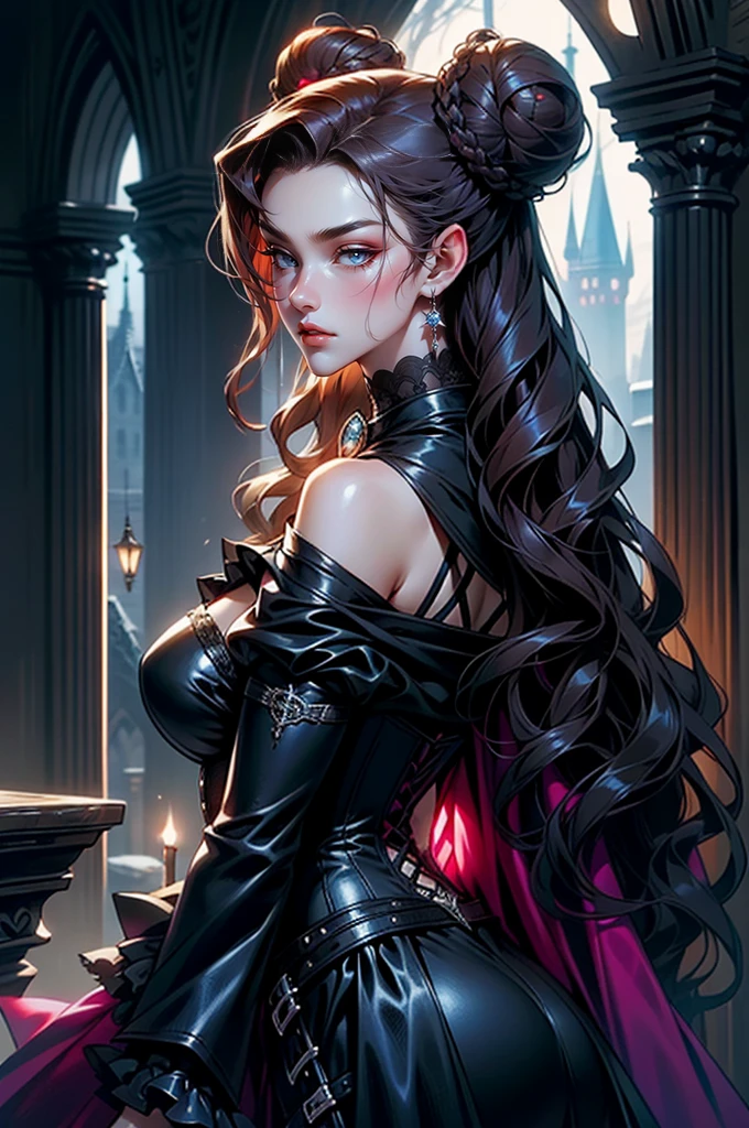 (masterpiece, top quality, best quality, official art, beautiful and aesthetic: 1.2), (1 woman: 1.3), long curly dark brown hair, ((fancy bun)), Victorian style, Victorian classic, extremely detailed, portrait, looking at the viewer, solo, (full body: 0.6), detailed background, close-up, mischievous eyes, (cold midnight castle theme: 1.1), vampire, long fangs, blood on chin, huge lips, charlatan, mischievous smile, mysterious, being seductive on the balcony, revealing gothic dress, extremely tight bodice, black costume, magenta skirts, off-the-shoulder, long sleeves, loose sleeves, black leather , cape, corset, black dress, fishnets, black high boots, buckles, straps, bags, glowing blood magic energy, dark magenta fabric, silver trim, black leather, extremely slim, slim waist, slim hips, medieval background (gothic castle exterior: 1.1), nocturnal, dark and mysterious lighting, shadows, magical atmosphere, Dancing lightly. backwadrs, Looking back. Very sexy, with chin resting on shoulder, abigail larson art style