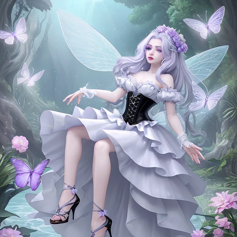 Create an animated 2D fairy with pale skin, who has gray eyes, Eyelashes you ask for and black along with black eyebrows, that your hair is lilac and that it radiates shine, Let your dress be a lilac corset with silver and flowers, y una falda corta a medio muslo plateada, con zapatos con mariposas y de tacones altos de plataforma tipo sandalia, que tenga unas alas hermosas tornasol y que su talento sea en la naturaleza y el agua