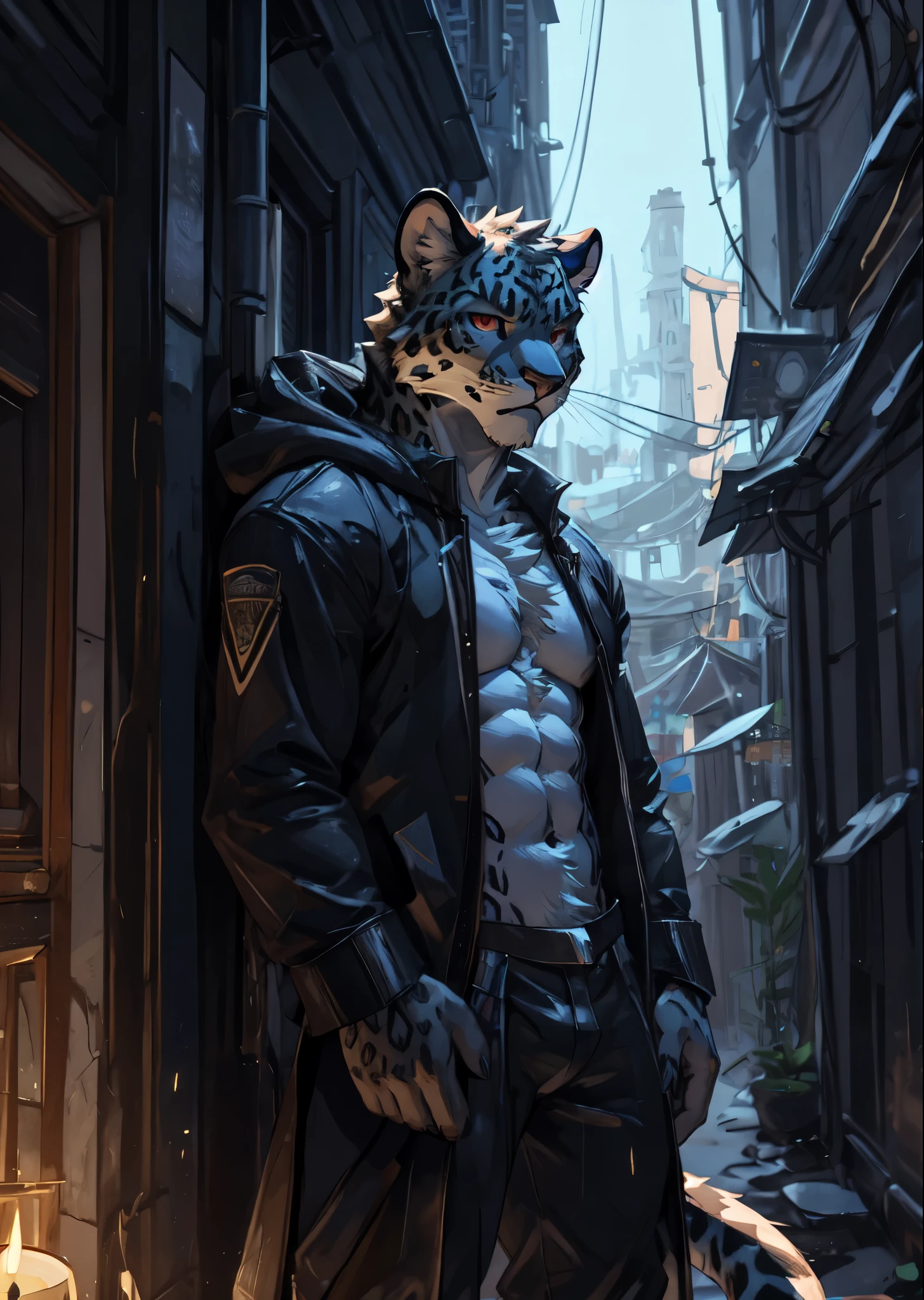 there is a leopard standing in a city under the rain, half naked elder leopard with a large tattoos, red eyes, angry face, bare chest, huge crotch, veins, fluffy chest, Sexybody, muscular, anthropomorphic, extra detailed body, detailed body, Best quality, masterpiece, ultra high res,detailed background,realistic, real shadow and light, depth of field, (looking at viewer), bare chest, Elder leopard.