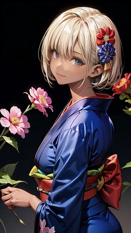 ((highest quality)), ((masterpiece)), (detailed), (Character Focus、breast focus), 4k, ((Symmetrical facial features)), Anime 2D Rendering, Realistic young anime woman,
One Girl: 1.5,
((Symmetrical facial features)), (Beautiful fine details、Shining Eyes), Perfect Face, Beautiful clavicle, Beautiful fingers, Beautiful body, Beautiful thighs, Beautiful feet, Beautiful breasts, Perfect round butt,
(Tanned dark skin:1.5), (Shiny skin:1.2), Slightly smaller chest, 20-year-old,
Beautiful Hair, Hair fluttering, bangs, Blonde, (Very Short Hair),
(kimono:1.2、Dark blue kimono、Flower pattern kimono:1.4)、 Captivating smile、look back,