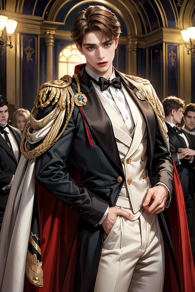 masterpiece, 最high quality, high quality, 1 boy, alone, Male focus, Watching the audience, Messy brown hair, Adorable big blue eyes, White, Noble, Noble, Beautiful Vampire、Tuxedo、A very voluminous, large, very large, very large, long, long red and black cape with a high stand-up collar, made of a lot of fabric that reaches down to the floor., 17 years old,Cute beautiful boys,Cute, cute, kind, handsome guy