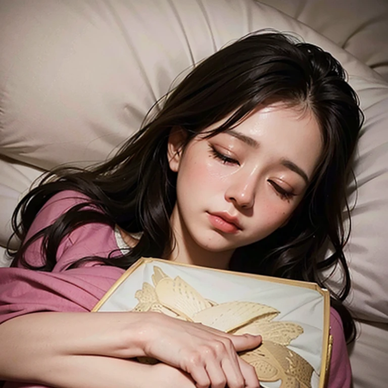 a beautiful girl who is sleeping peacefully after a tiring day. sleeping like a ethereal woman while holding her mother's portrait because she missed her so much. her mother died when she is young and her mother used to sing her a lullaby that can make her sleep so peacefully